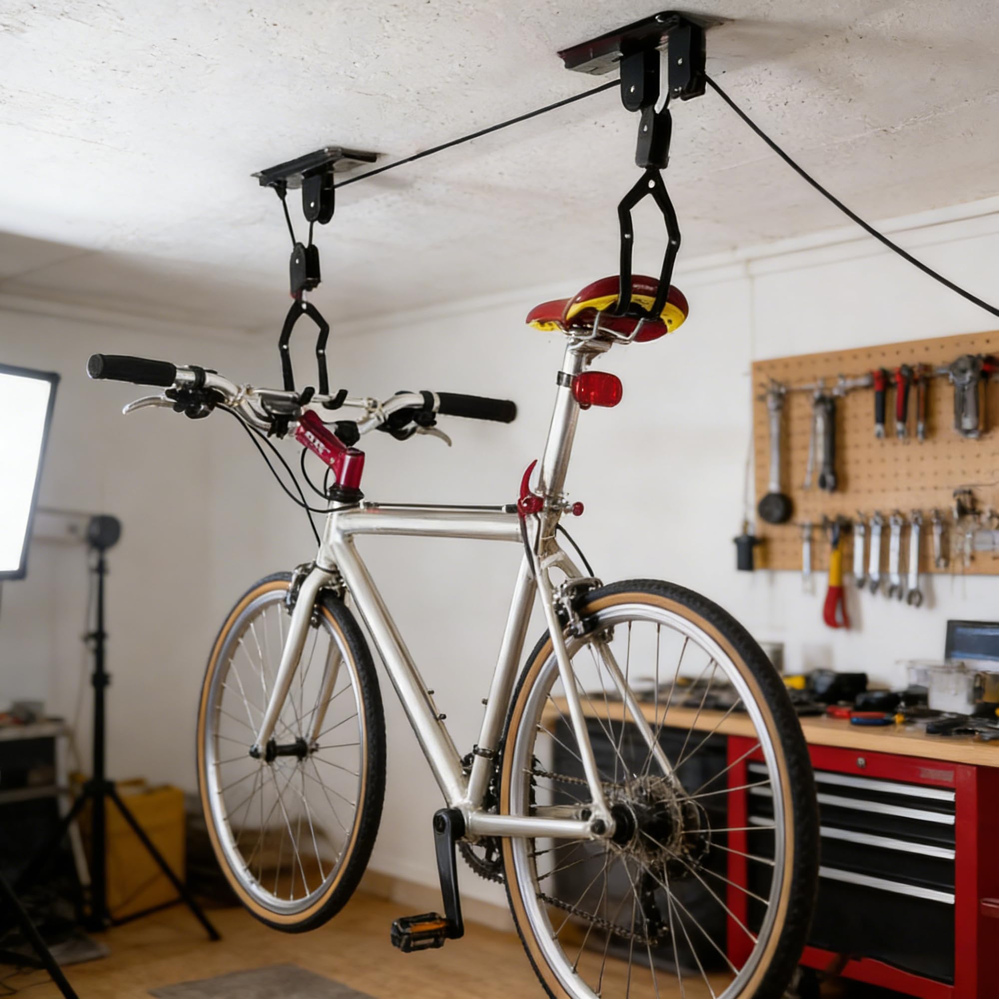 MINGZE Fahrradlift, Fahrrad Deckenhalterung 60 kg Traglast, Fahrrad Aufhängung Montageständer e Bike mit Haken Seilbremse, Fahrrad Wandhalterung für Fahrräder E-Bikes Garagen 1 Baumarkt
