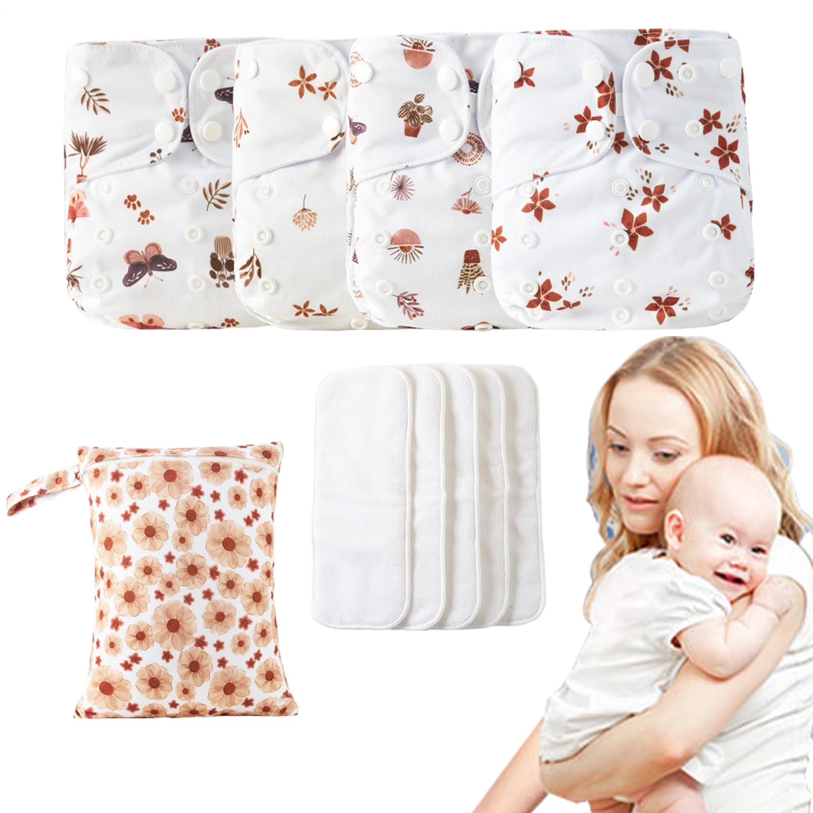Wiederverwendbare, verstellbare waschbare Babywindeln | Brandname - 4 x saugfähige und atmungsaktive Einlagen, wasserdichte Decke mit 4 Einsätzen