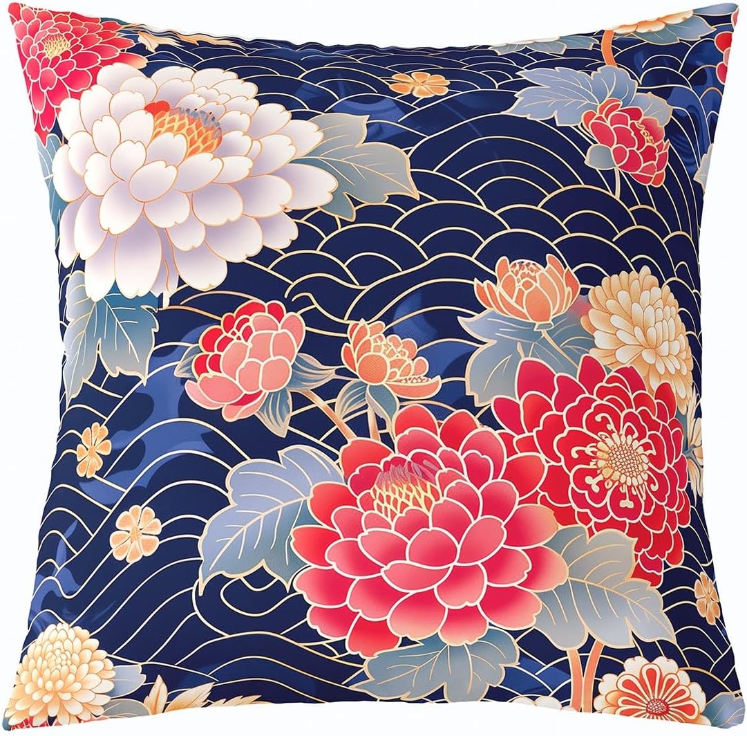 Japanese Style Throw Pillow Covers,Chrysanthemum Pillow Cases,Kids Girls Woman Adutl Abstract Sea Waves Cushion Cover Retro Traditional Art Office Chair Sofa Bed Decor,16" Lx16 W