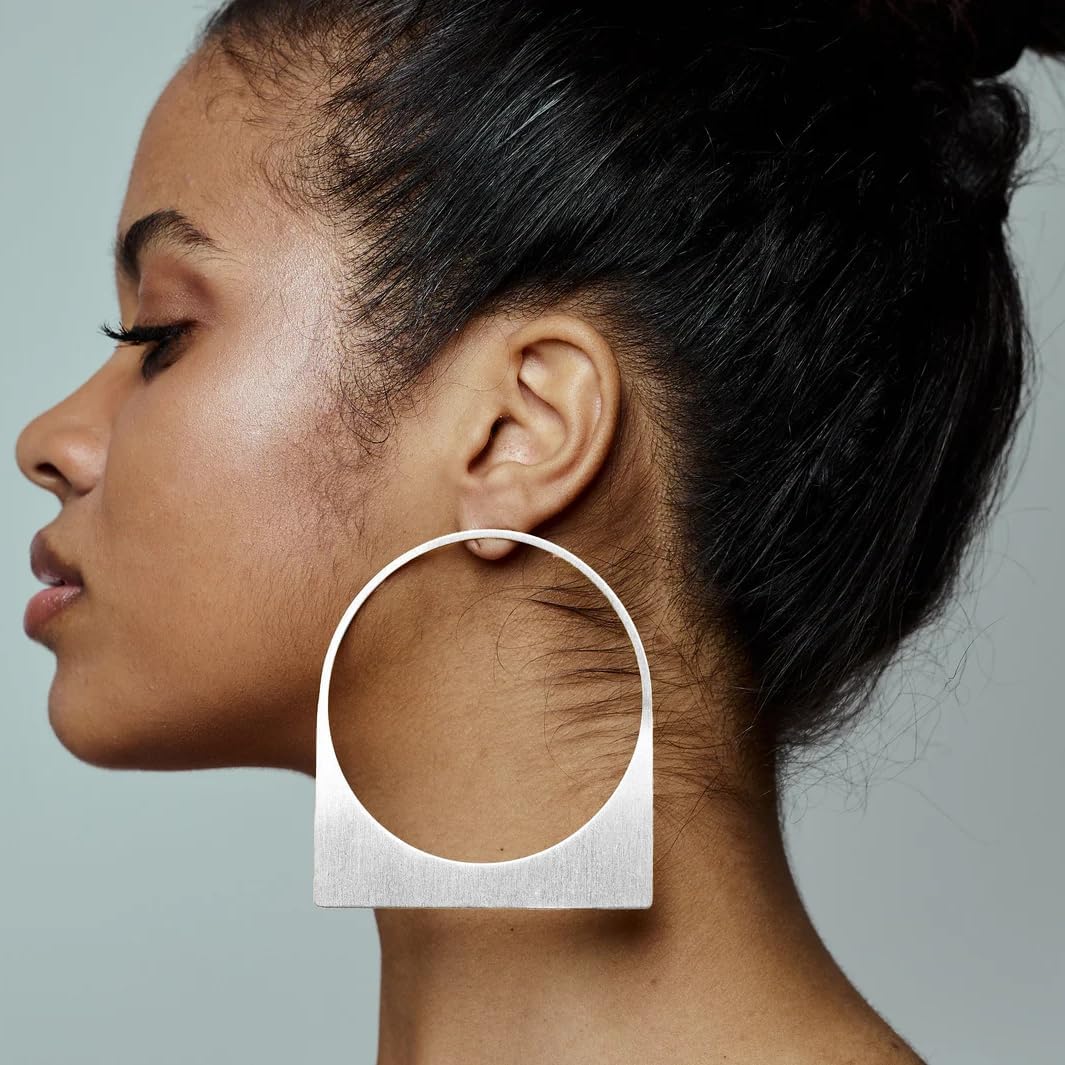 Large Gold Hoop Earrings, 14k Plating Big Chunky Geometric Hollow Brushed Metal Sheet Drop Dangle Huggie Studs Womens Statement Jewelry Gift