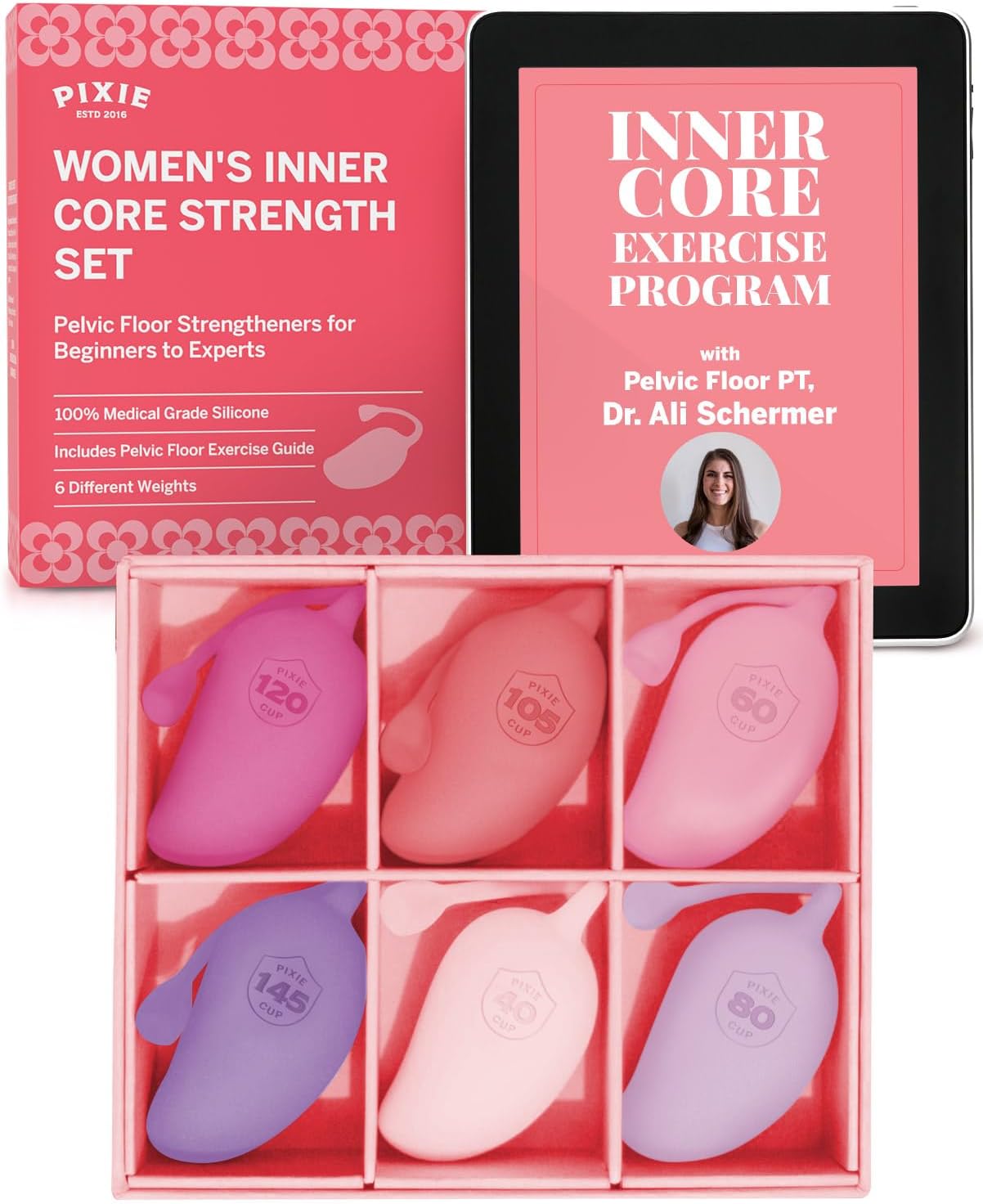 Pixie Inner Core Wellness & Strength Training for Feminine Care – Women’s Core Strength Set – Set of 6 – Includes Easy-to-Read Guide & Exercises for Beginners & Advanced (Blush)