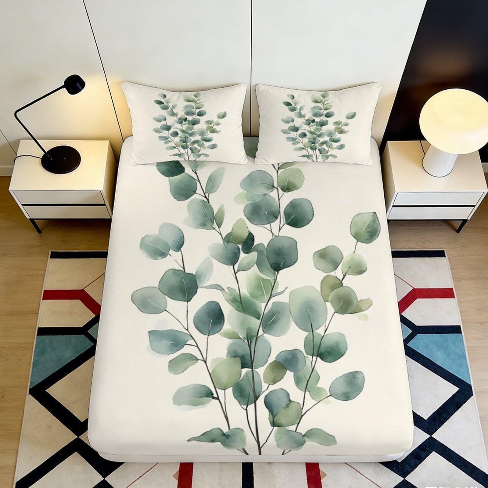 3D Printed Green Eucalyptus Fitted Sheet Microfiber Soft Botanical Leaves Mattress Cover for Bedroom Guest Room Decor 90x200x25cm