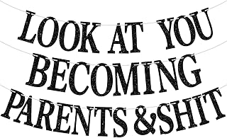 Look at You Becoming a Parents Banner, Funny Pregnancy Decor, Baby Shower Party Decorations Welcome Boy Girl Banner, Congratulations New Child Party Decorations Supplies, Black Glitter