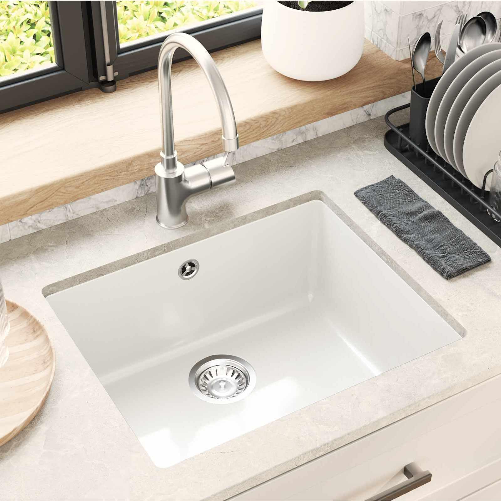 Lavabo blanco de 530 x 460 mm de 80% cuarzo y 20% resina de granito fregadero con juego de accesorios y filtro de desagüe para cocinas modernas, resistente al calor y a los arañazos