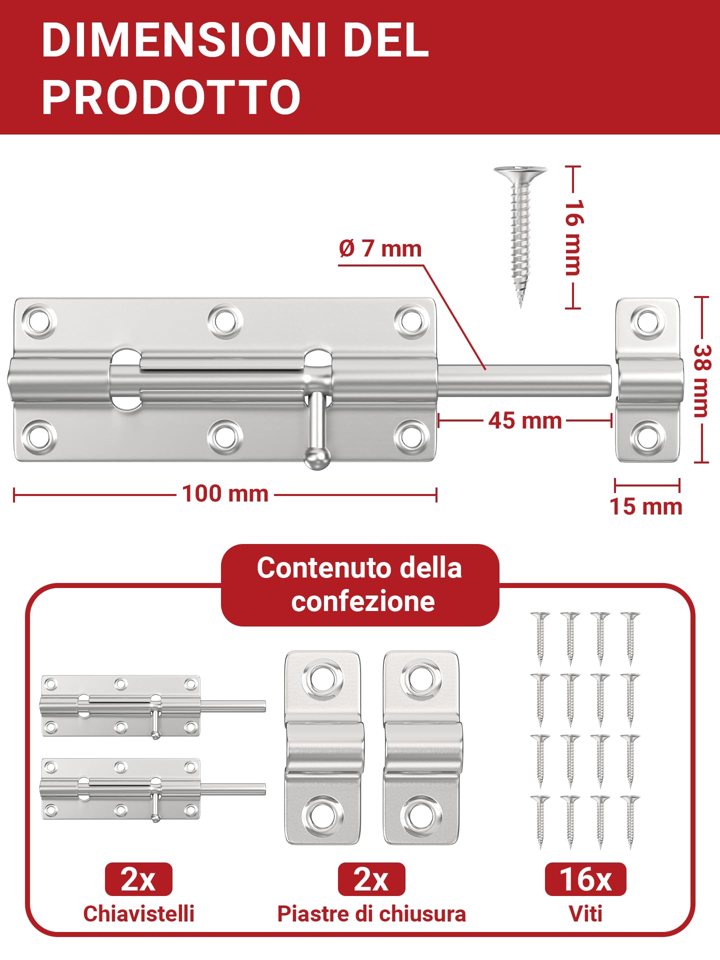LouMaxx Set di 2 Chiavistelli per Porte - Catenaccio Porta 38x100 mm - Viti Incluse – Chiavistello di Sicurezza – Serratura Porta Interna - Bullone – Serratura di Sicurezza