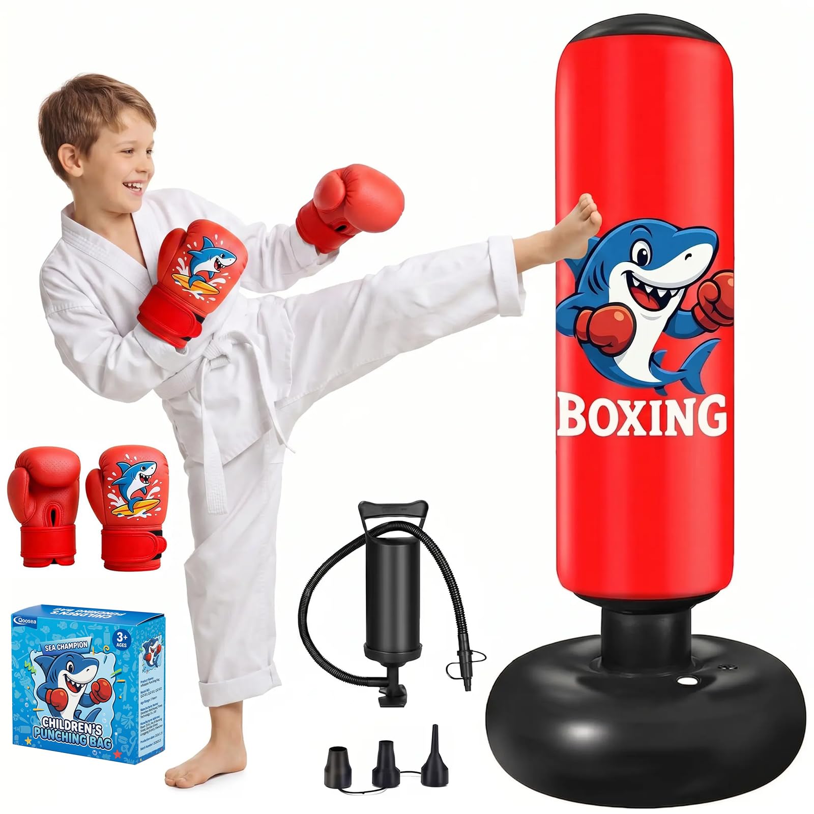 Qoosea Punching Bag for Kids Age 3-8, 130cm Free Standing Inflatable Punching Bag with Boxing Gloves and Pump, Kid Punch Bags Gym Equipment, Special Christmas Birthday Gifts for Boys Girls