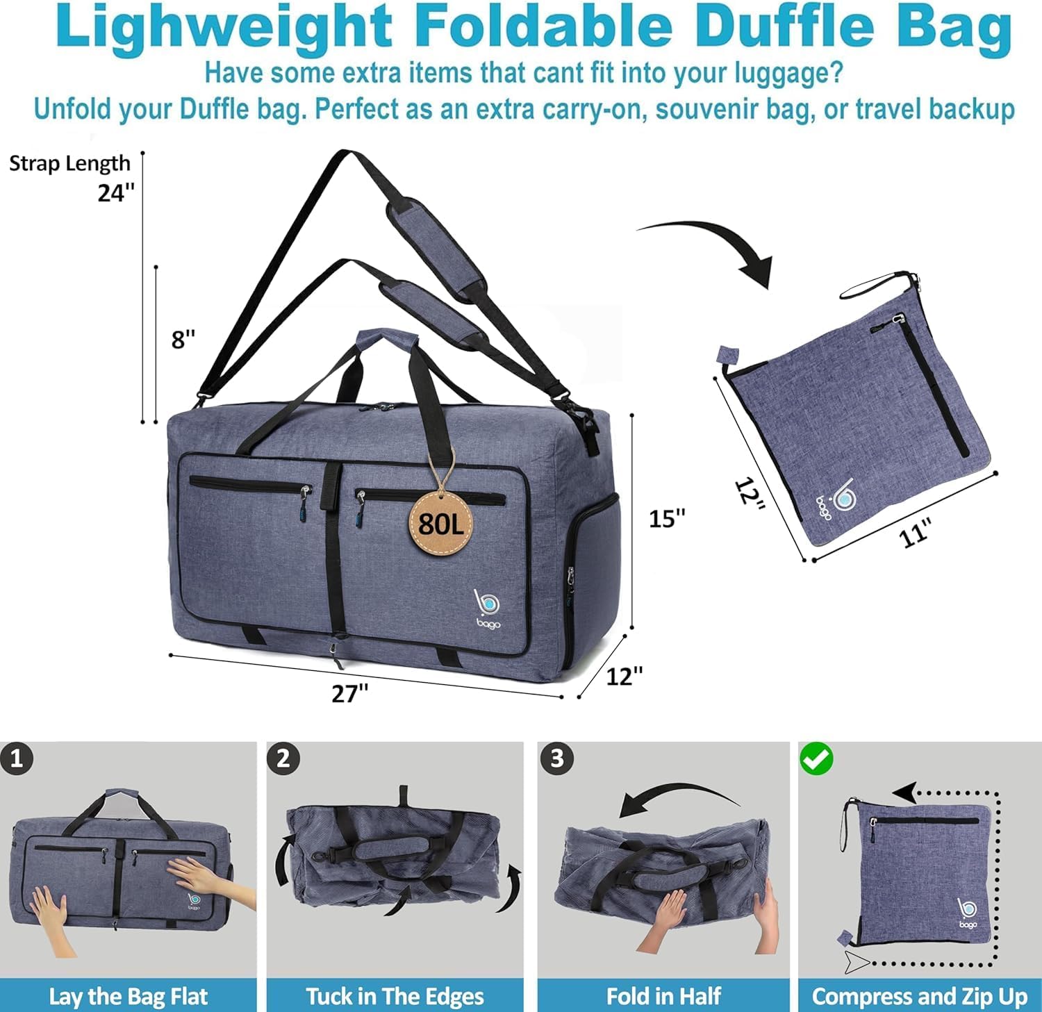 Bago Large Duffle Bag for Travel Women & Men. Durable Lightweight Foldable Travel Duffel Bags For Traveling Women. 80L Duffle Bags For Overnight Bag With Shoe Compartment Collapsible Weekender duffel