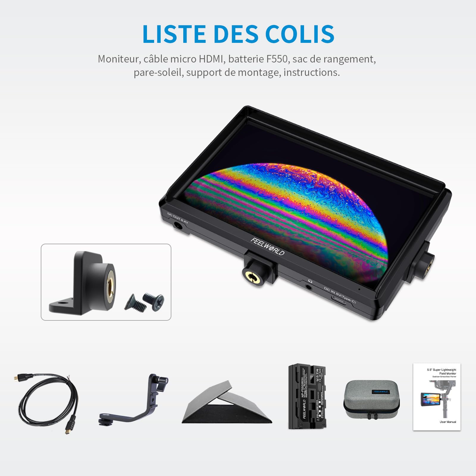 Feelworld S55 V3 5.5 Pouces sur Caméra Moniteur DSLR Camera Field Monitor Small Full HD 1920x1080 IPS Peaking Focus Video Assist avec 4K HDMI 8.4V DC Input Output Livré avec Batterie et Sac，Tilt Arm