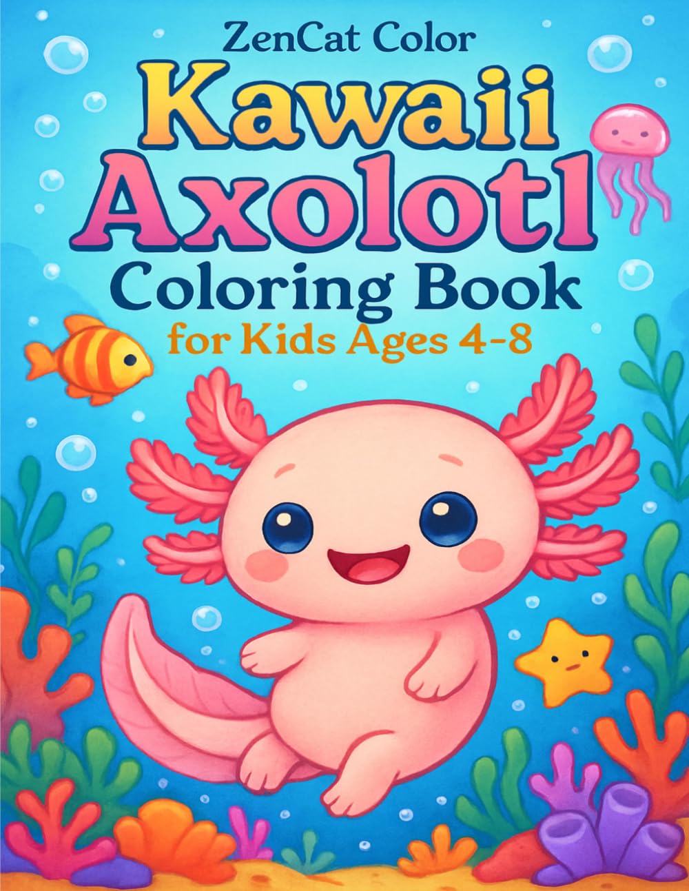Kawaii Axolotl Coloring Book for Kids Ages 4-8: 40 Bold and Easy Underwater Adventures with Cute Axolotls, Sea Friends and Ocean Scenes | Fun Simple Pages for Boys and Girls