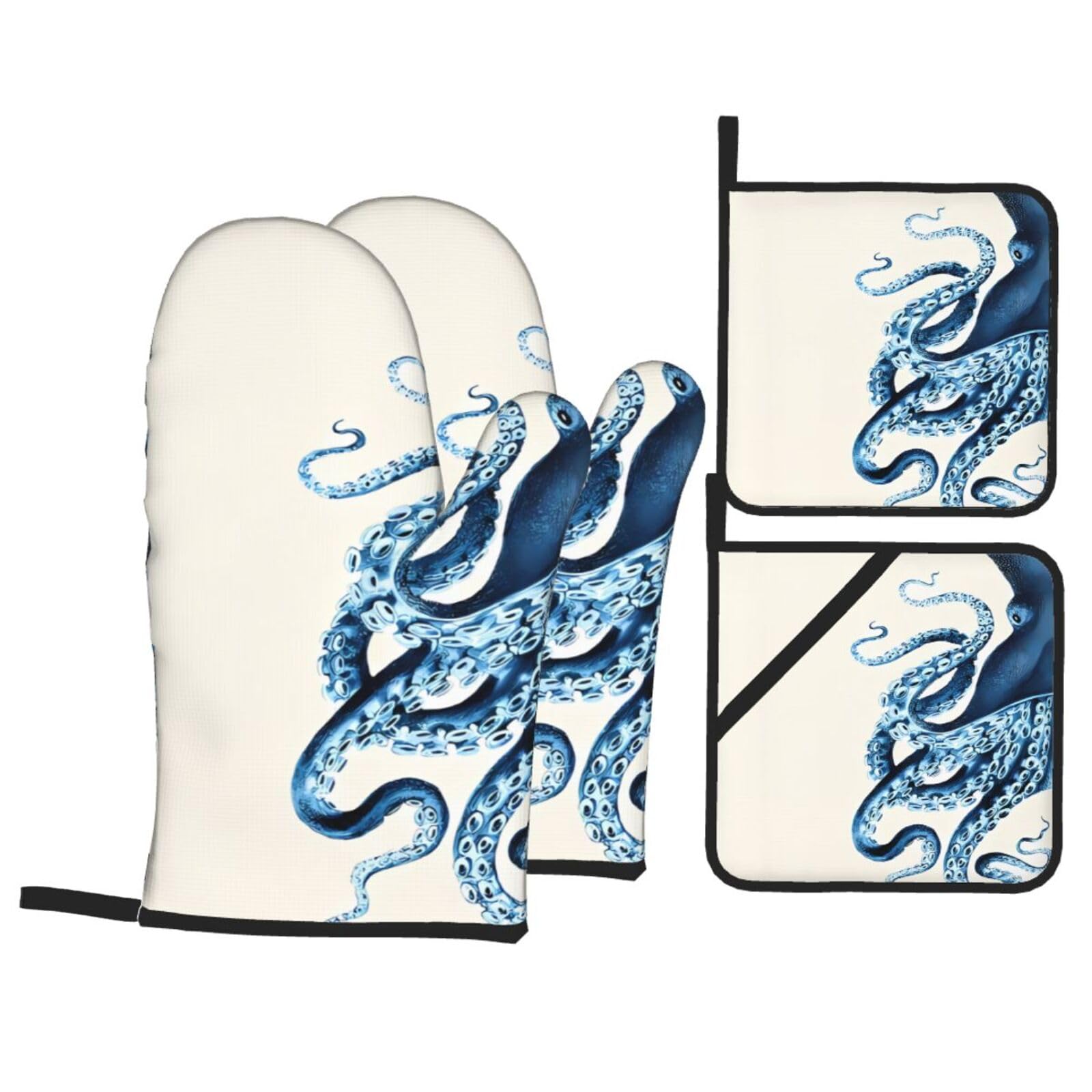 HJFCZH Octopus Prints Kitchen Covers: Waterproof Oven Layers for Safe Cooking & Easy Cleanup - 4 Piece Heat Protection Set