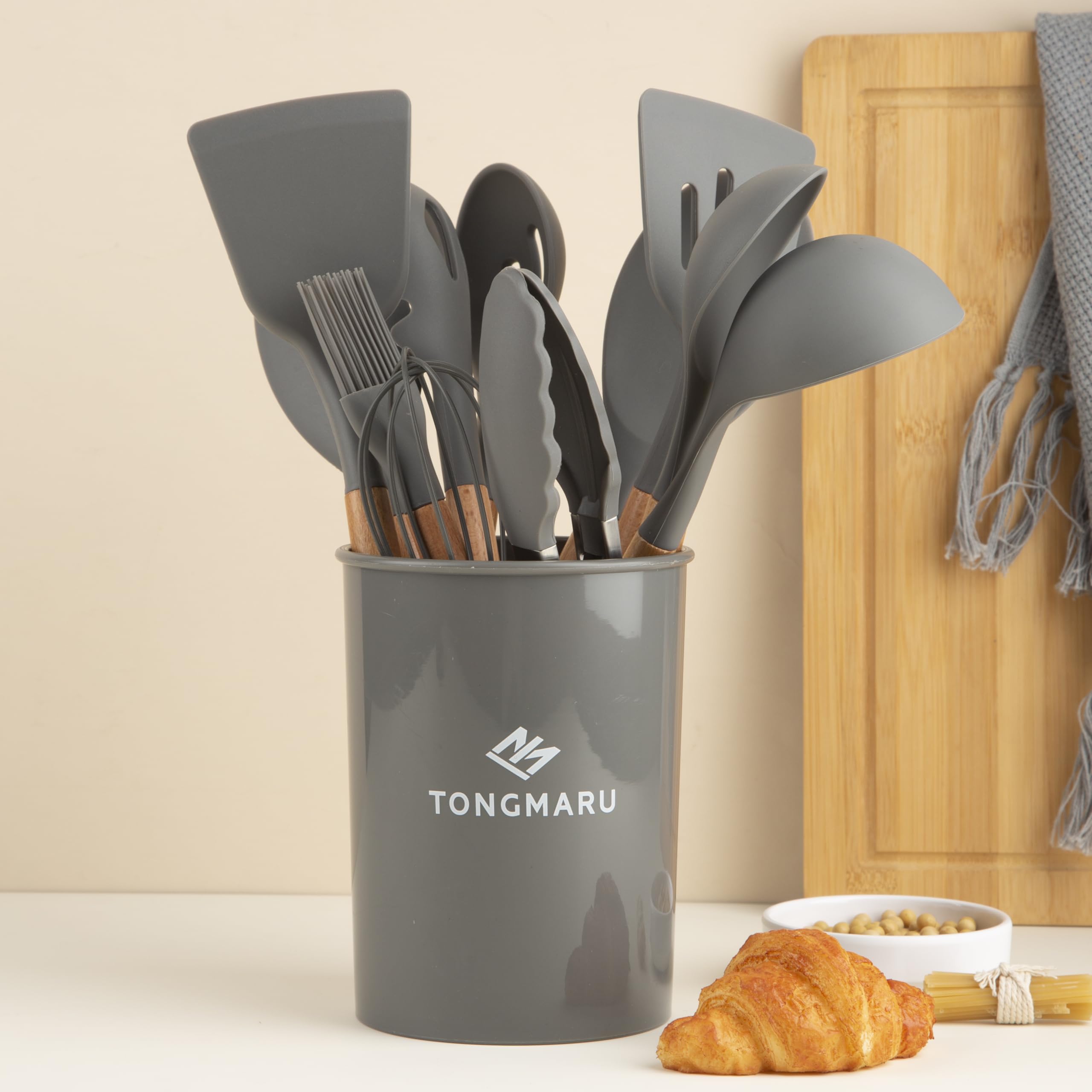 Juego de utensilios de cocina, resistentes a 230.0 °C, 12 piezas de silicona antiadherente, juego de espátulas con soporte, mango de madera de haya de alta calidad, juego de utensilios de