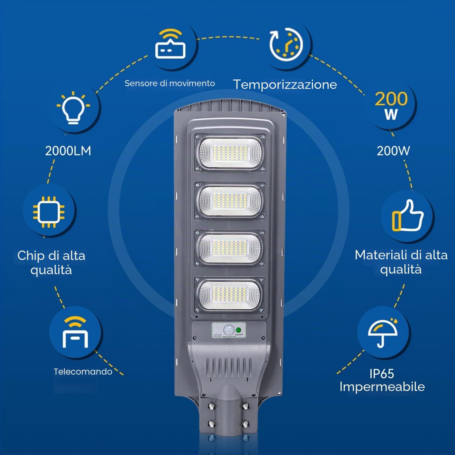 Lampione Solare da esterno con Sensore di Movimento,Faro LED esterno con pannello solare da 200W con Telecomando,Faretti Solari Impermeabile IP65 6500K,Adatta per Giardino,Cortile,Strada, Viale, Campo