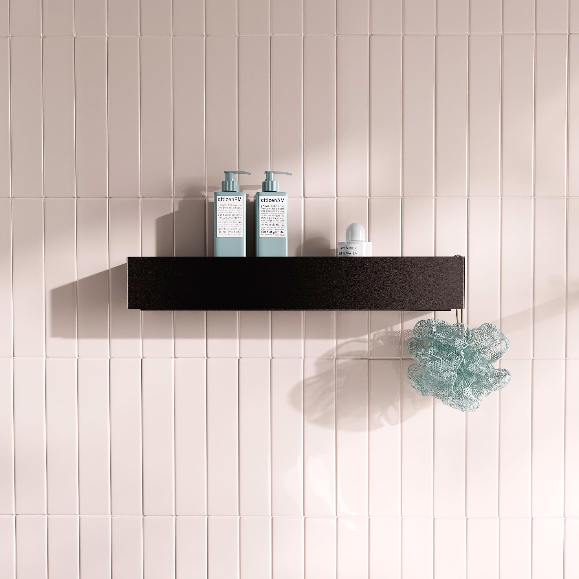 Estantería de ducha moderna negra 50x10x8 cm – Estante baño pared sin taladro o con taladro, diseño minimalista en metal con recubrimiento en polvo, resistente y elegante para baño contemporáneo