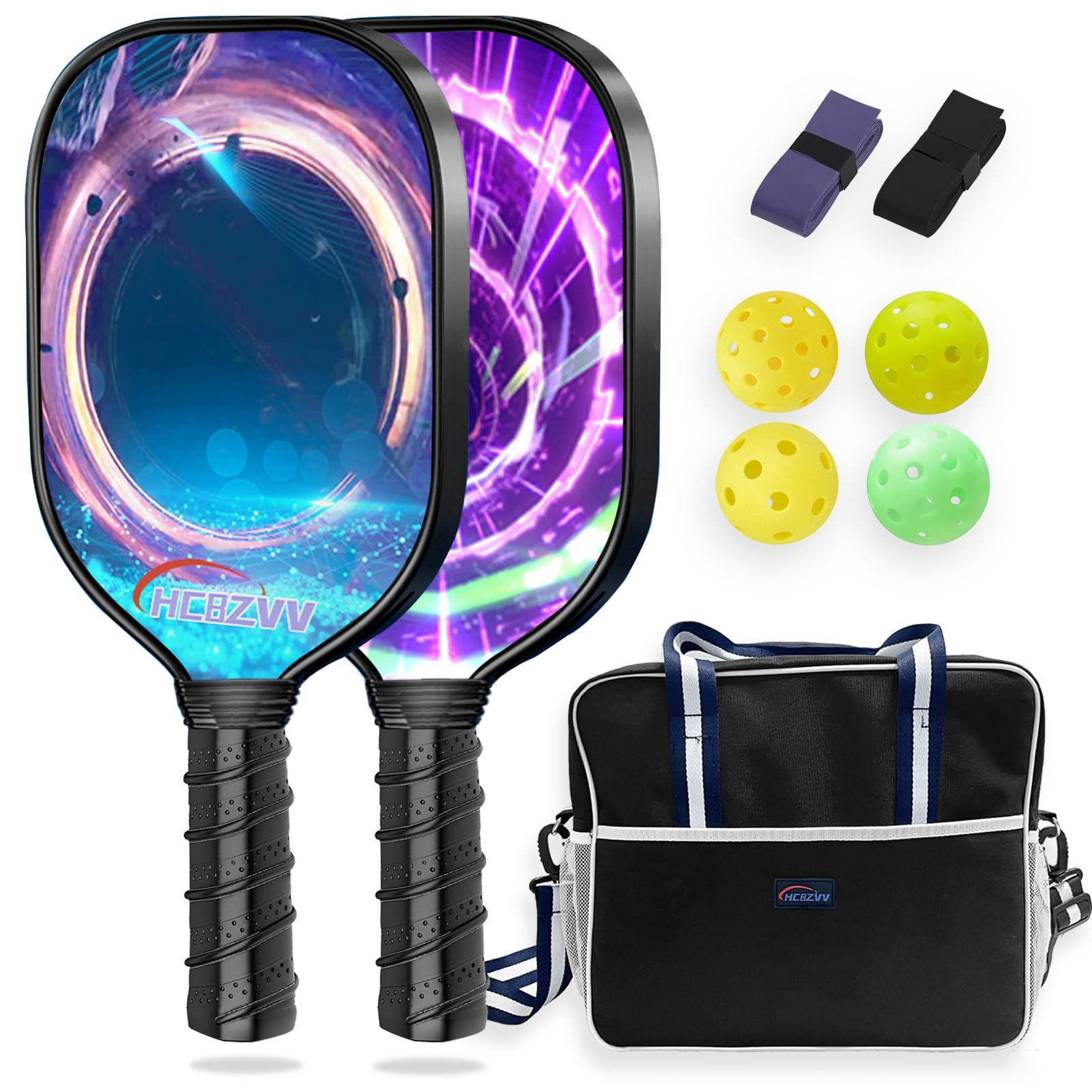 18mm Pickleball Paddles Set of 2 | 5.8" Elongated Handle | Honeycomb Core | Lightweight Professional Fiberglass | Anti Slip Sweat Absorbing Grip