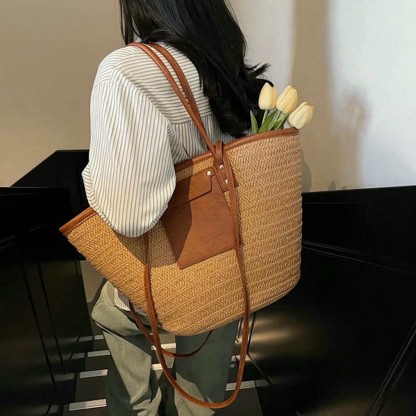 Strohtaschen Damen Shopper Frauen Stroh Gewebter Tasche Schulterbetrieb Großer Kapazität Stylish Crossbody Bag Webwebchen Satchel Patchwork Urlaub Tasche-Khaki