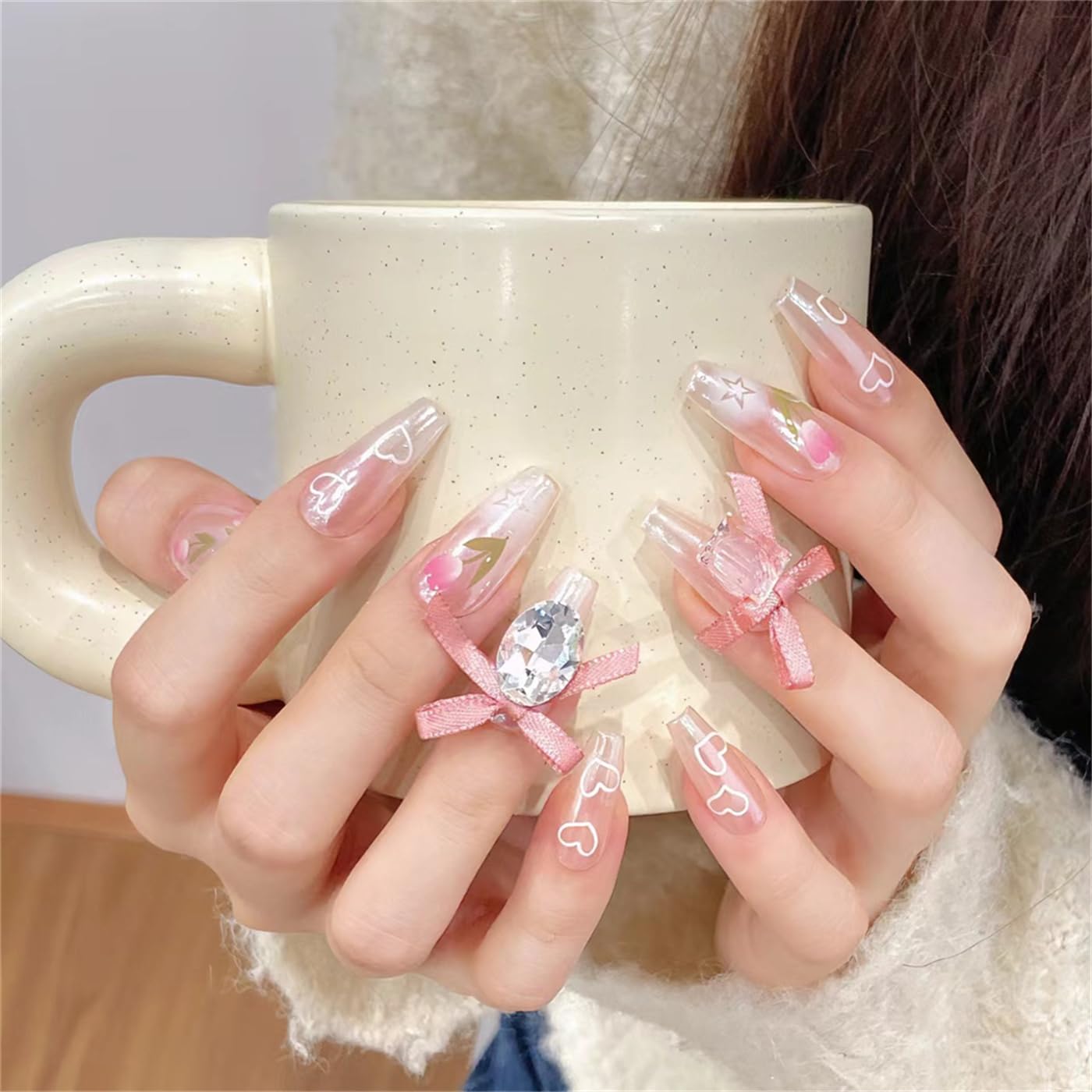 Coffin Medium Handmade Press on Nails Tulip Heart Nail Art Decoration Ice Through Elegant Manicure for Women and Girls 10PCS (YH-S)