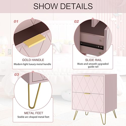 Miniatura 4 de Anbuy - Juego de 2 mesitas de noche grandes, color rosa, mesa auxiliar doble, mesita de noche con 2 cajones, doble mesita de noche con patas doradas