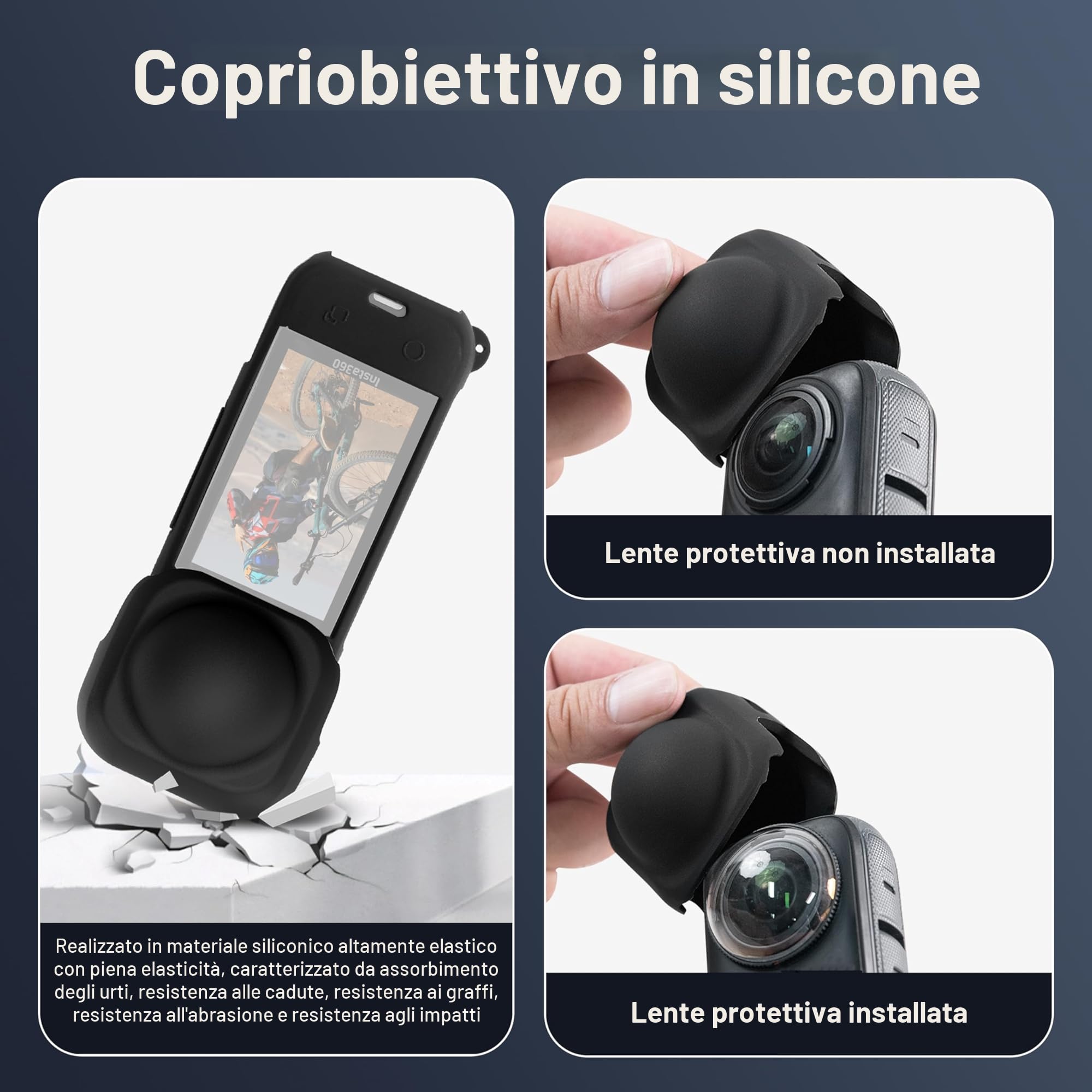 FiTSTILL - Set di protezione per Insta 360 X5, pellicola protettiva in vetro temperato e silicone, copriobiettivo e base di supporto in silicone