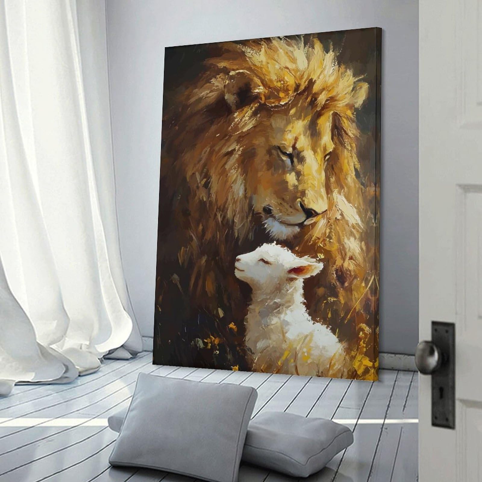 Junmoney Canvas Wall Picture Lion And Lamb Painting, 16x24inch(40x60cm), for Office, Study Or Home Workspace, Canvas Wall Decor for Creative Rooms