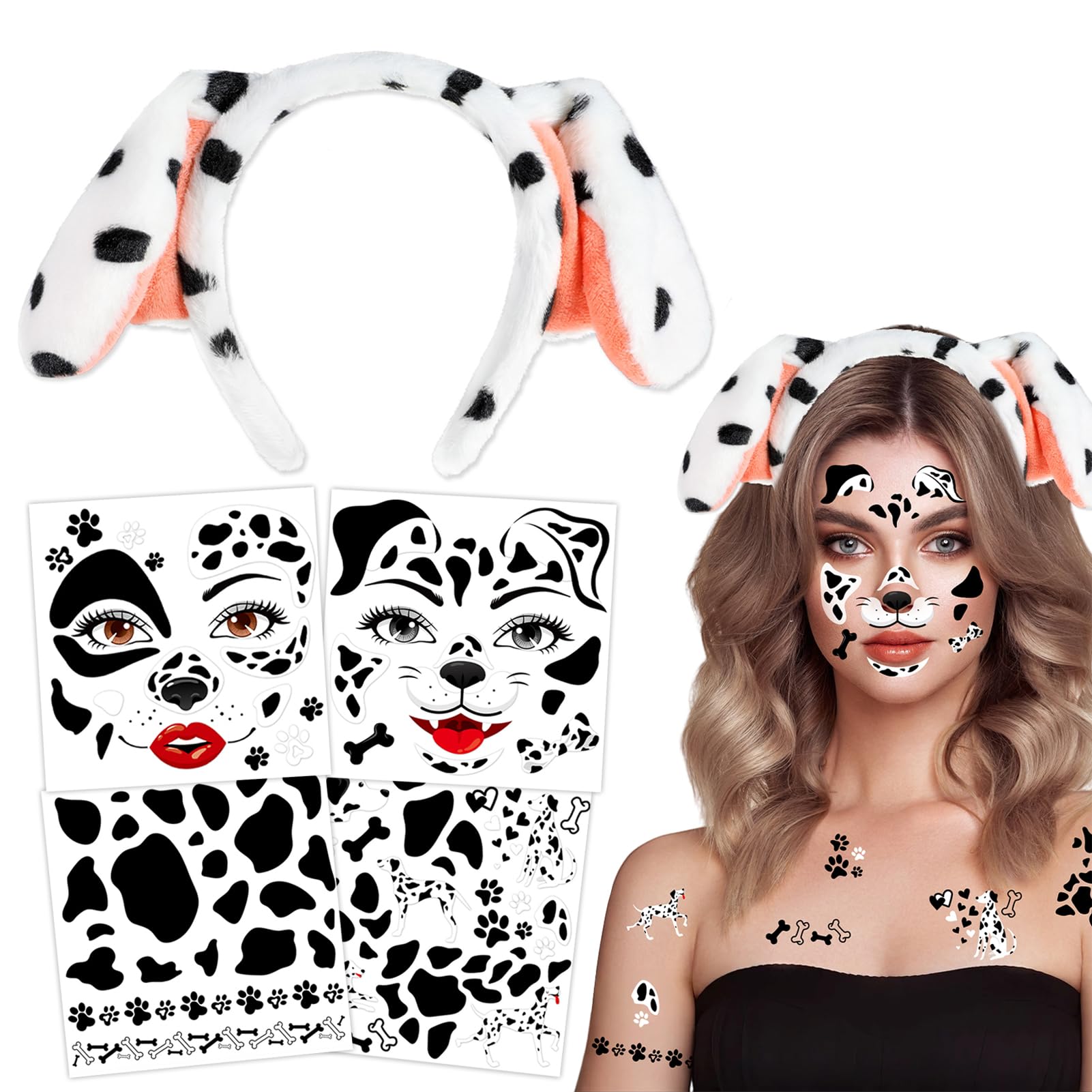 HOWAF Dalmatian Ears Headband & Halloween Face Tattoos Stickers