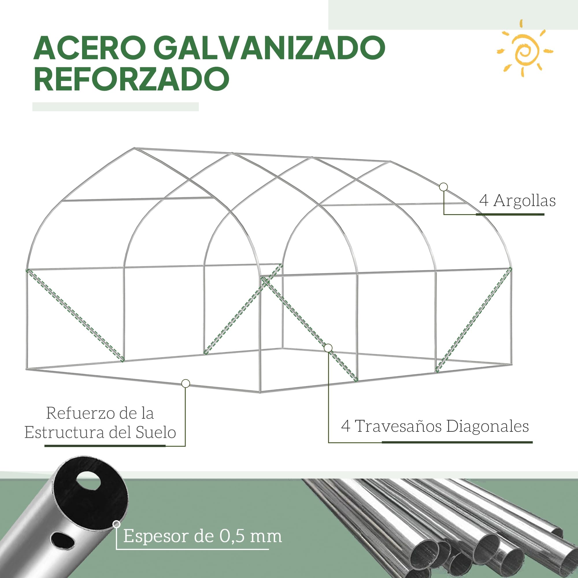 Outsunny Invernadero de Túnel 347x300x200 cm con Puerta Enrollable Verde | 6 Ventanas, Cubierta PE 140g/M² y Estructura de Acero Galvanizado para Cultivos, Plantas y Flores