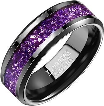 NUNCAD Tungsten Men's Rings with Amethyst Fragments - Black Purple Accents - 8mm Wide Comfort Fit Band