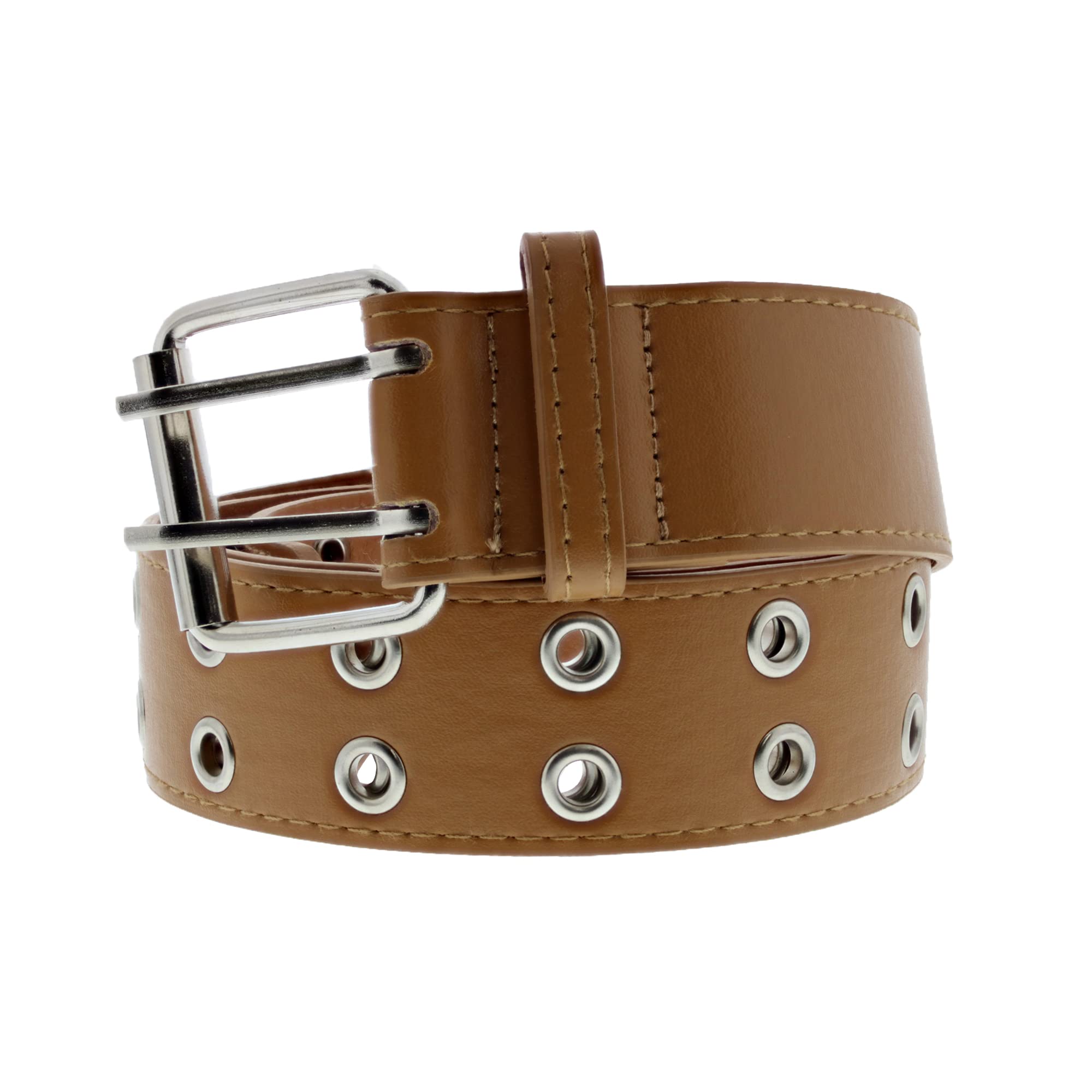 Zac's Alter Ego Adjustable Tan Double Grommet Belt, PU Leather Punk Belt 2 Hole Grommet Jeans Belt