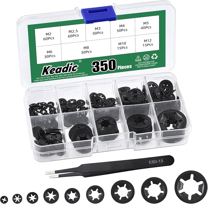 Keadic 350Pcs Internal Tooth Star lock Washers Assortment Set, Steel Black Quick Speed Locking Washers, Push On Star Lock Washer, Retaining Clips Fastener for Automotive-M2 M2.5 M3 M4 M5 M6 M8 M10 M12