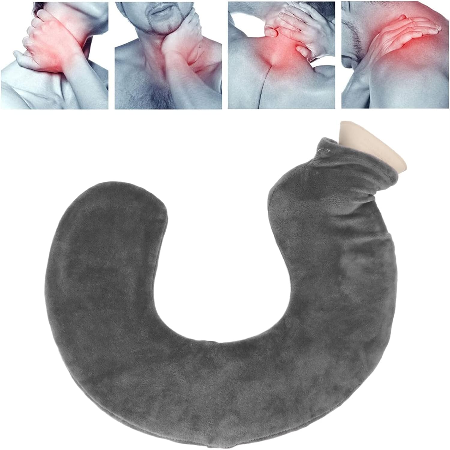 U Shaped Hot Water Bottle Warm Neck Soft Rubber Hot Water Bag with Detachable Cloth Cover (Grey)