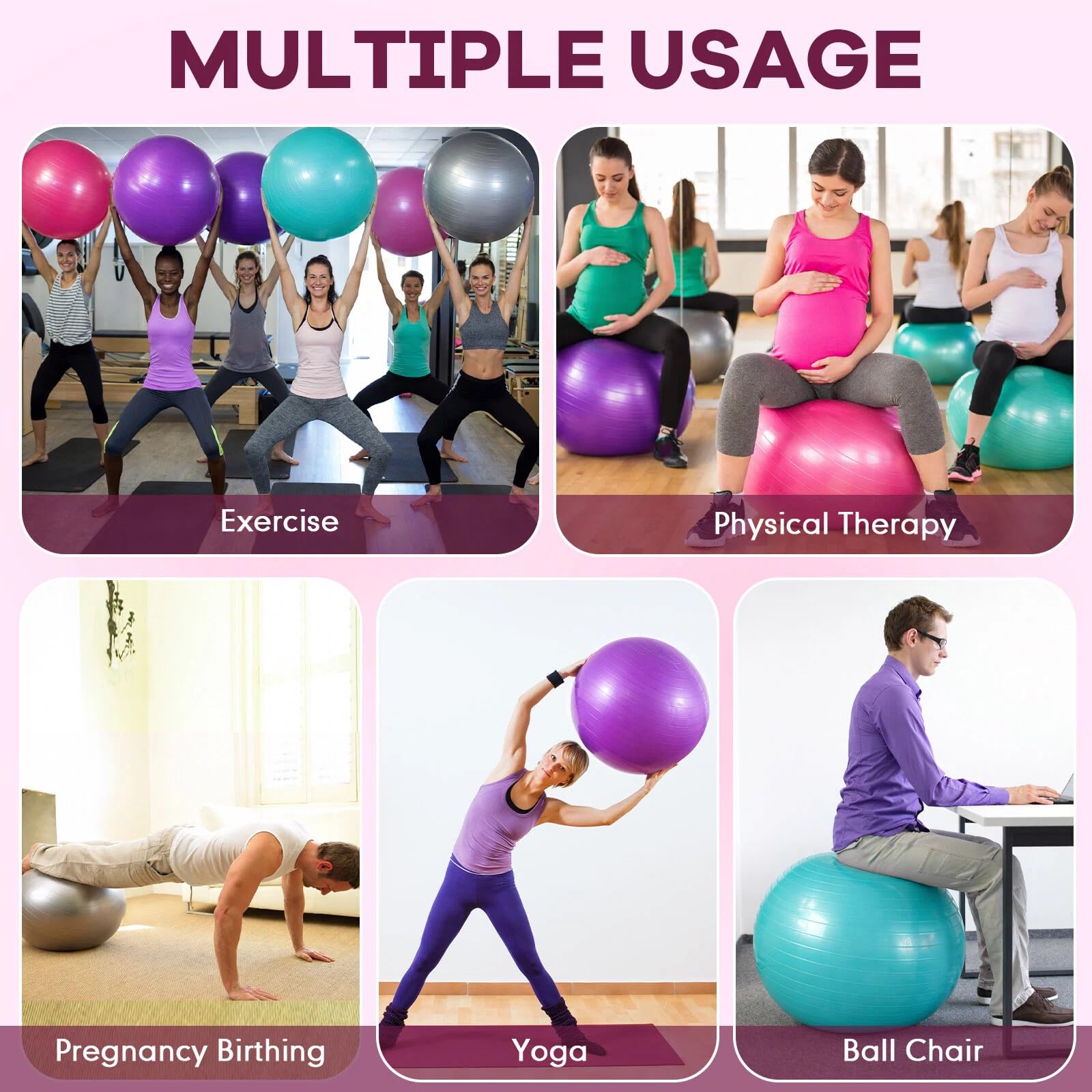 Leyndo 4 Pcs 26 Inch Yoga Exercise Ball Pilates Pregnancy Birthing Fitness Ball with Quick Pump Anti Burst for Improved Posture, Balance, Yoga, Pilates, Training
