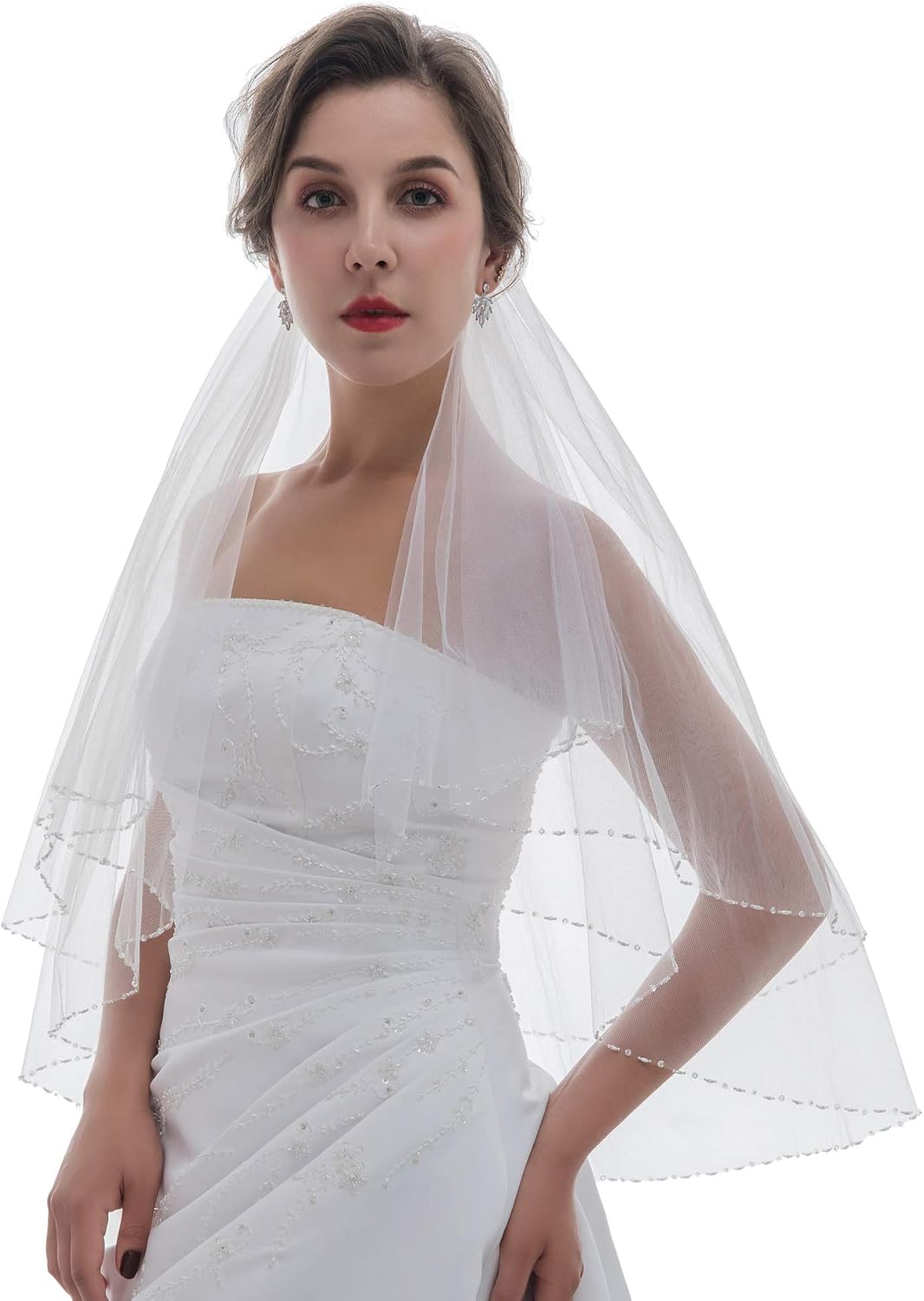SAMKY 2T 2 Tier Pearl Crystal Beaded Bridal Wedding Veil