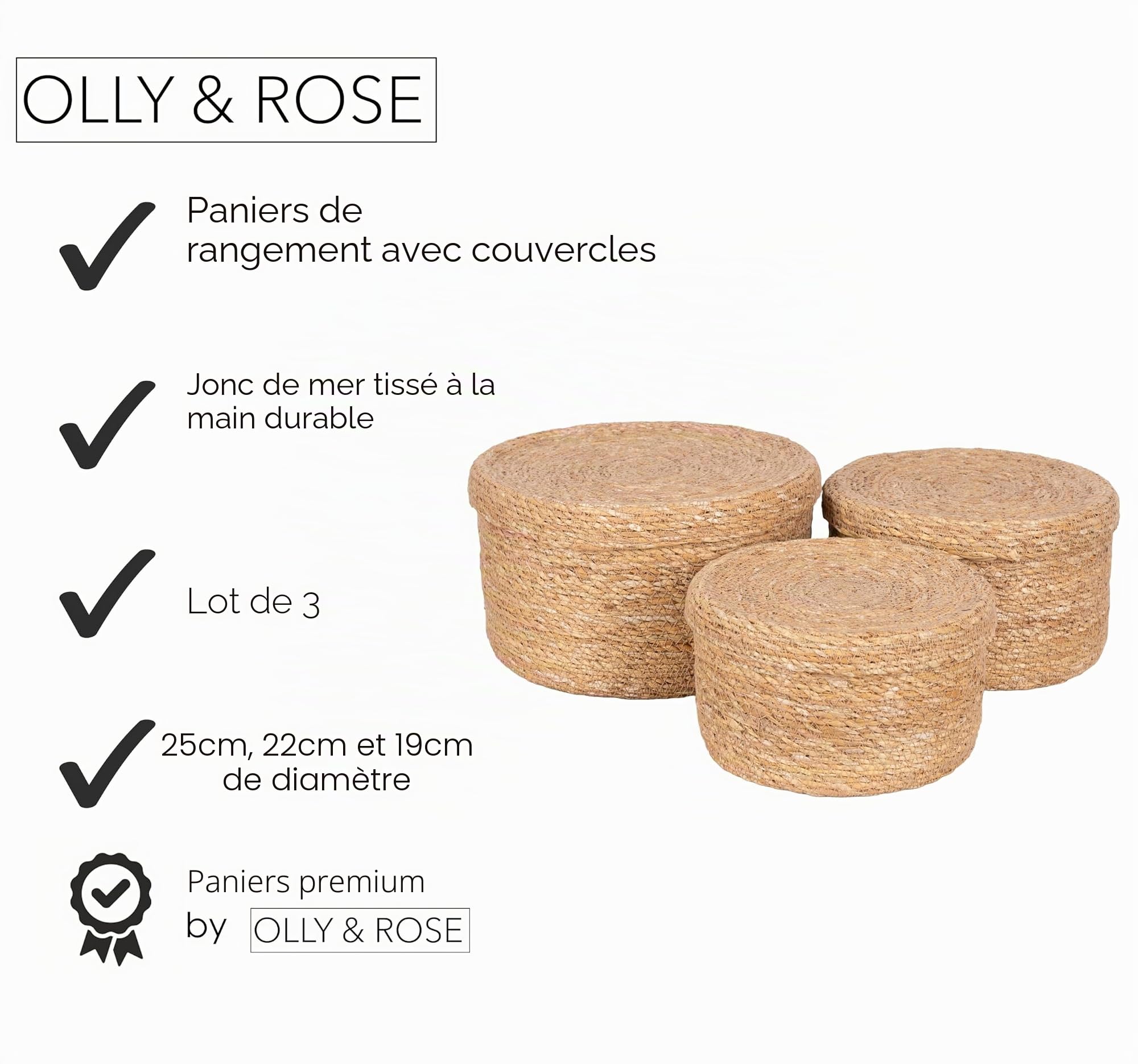 Olly & Rose Lot de 3 paniers de rangement en jonc de mer naturel avec couvercles – Durable 25, 22, 19 cm, décoration d'intérieur de qualité supérieure