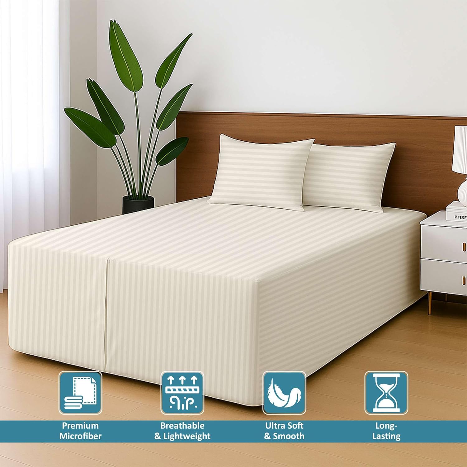 Ready To Rest Queen Size Air Mattress Sheet Set - Fits 18in to 24in Pillow Top - for Guests, Camping, RVs, Includes 2 Pillowcase, 1 Flat Sheet & 1 Fitted Sheet (Ivory Stripe)