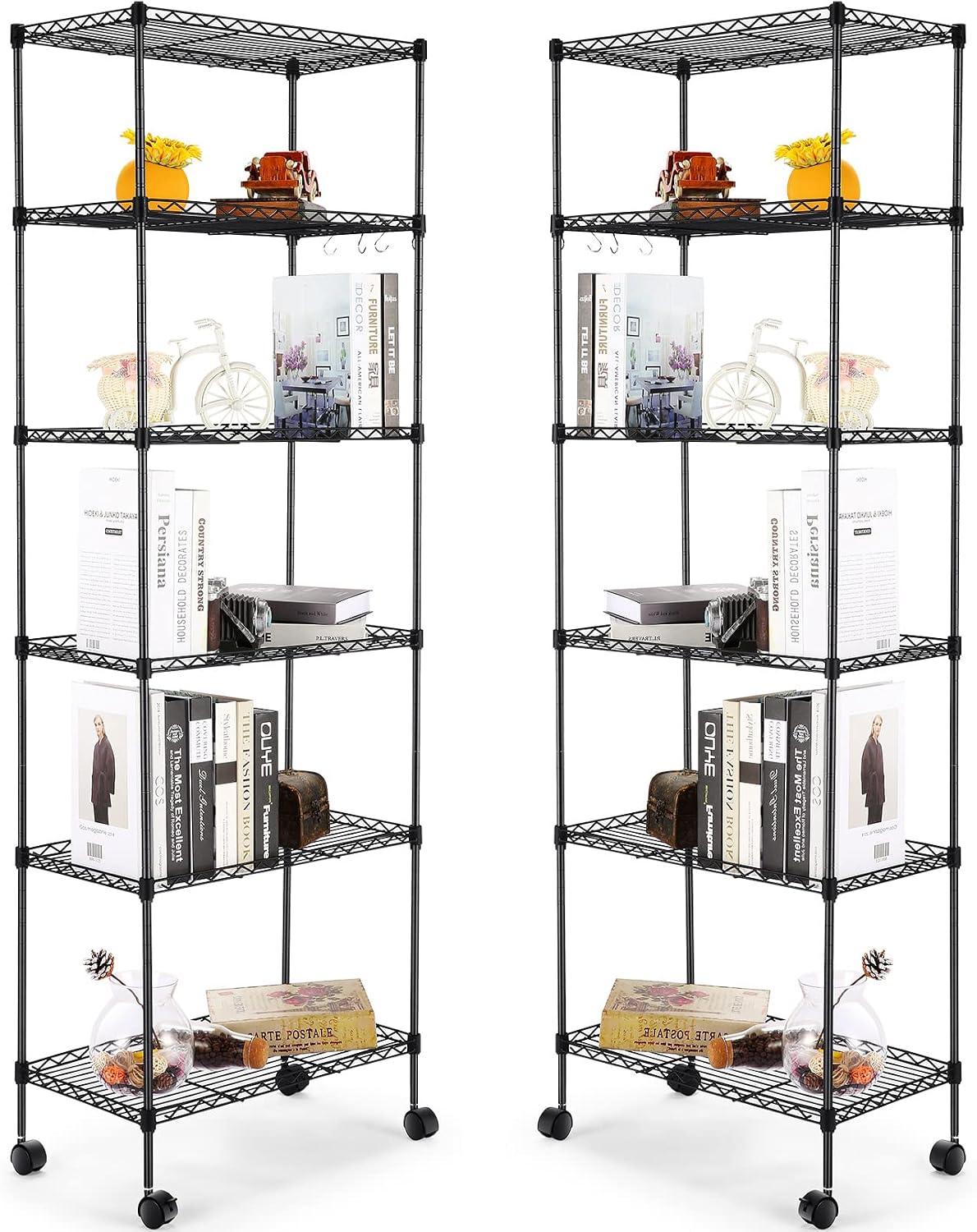 2-Pack 6 Tier Wire Shelving Unit with Wheels, Storage Shelves, Adjustable Wire Shelving Metal Storage for Kitchen, Pantry, Bathroom, 21.6 x 11.8 x 64.5 inch