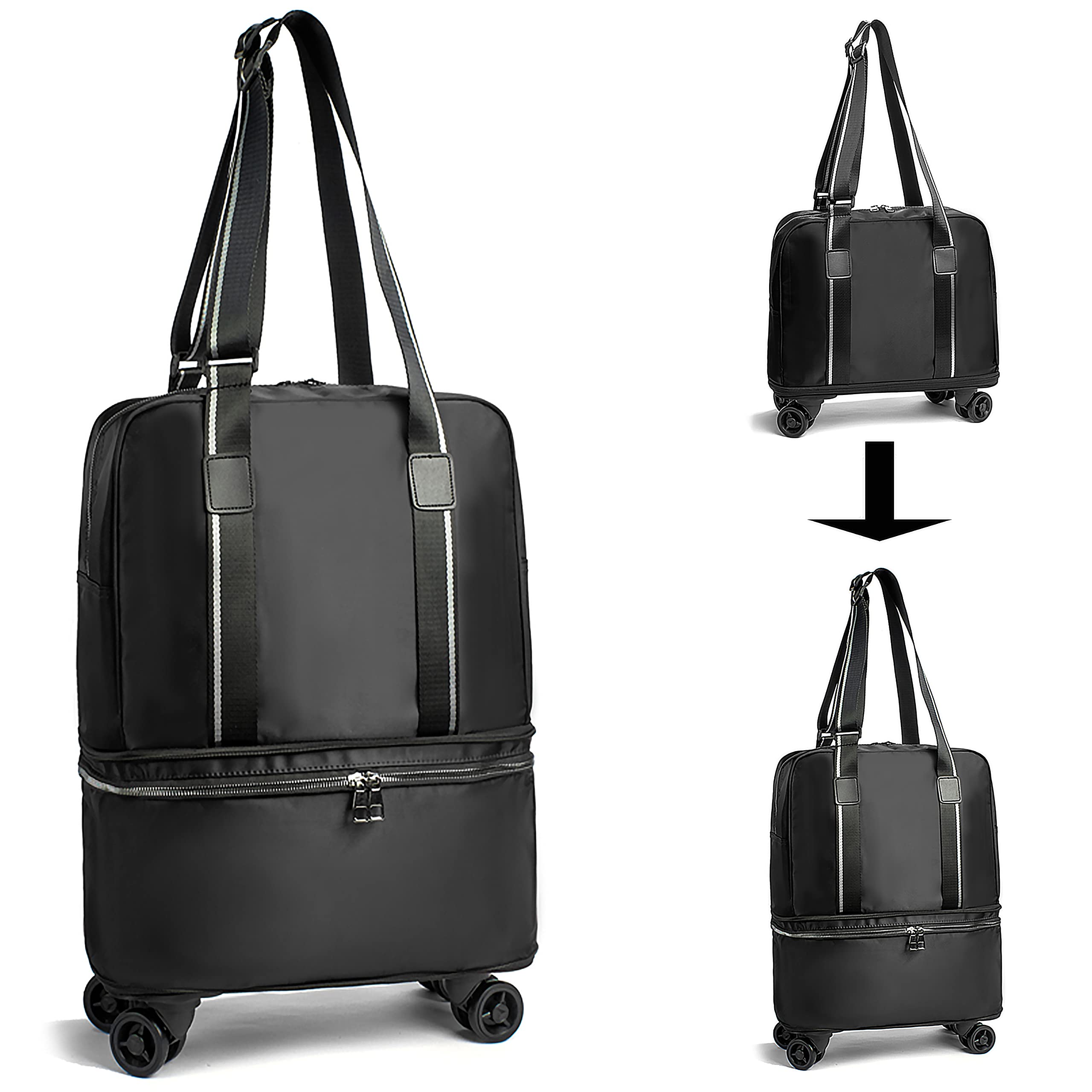 ELDA Expandable Foldable Luggage Bag with Detachable Wheels,2 Separate Compartments Duffel Bags for Men Women Weekender Traveling Sport Overnight Business