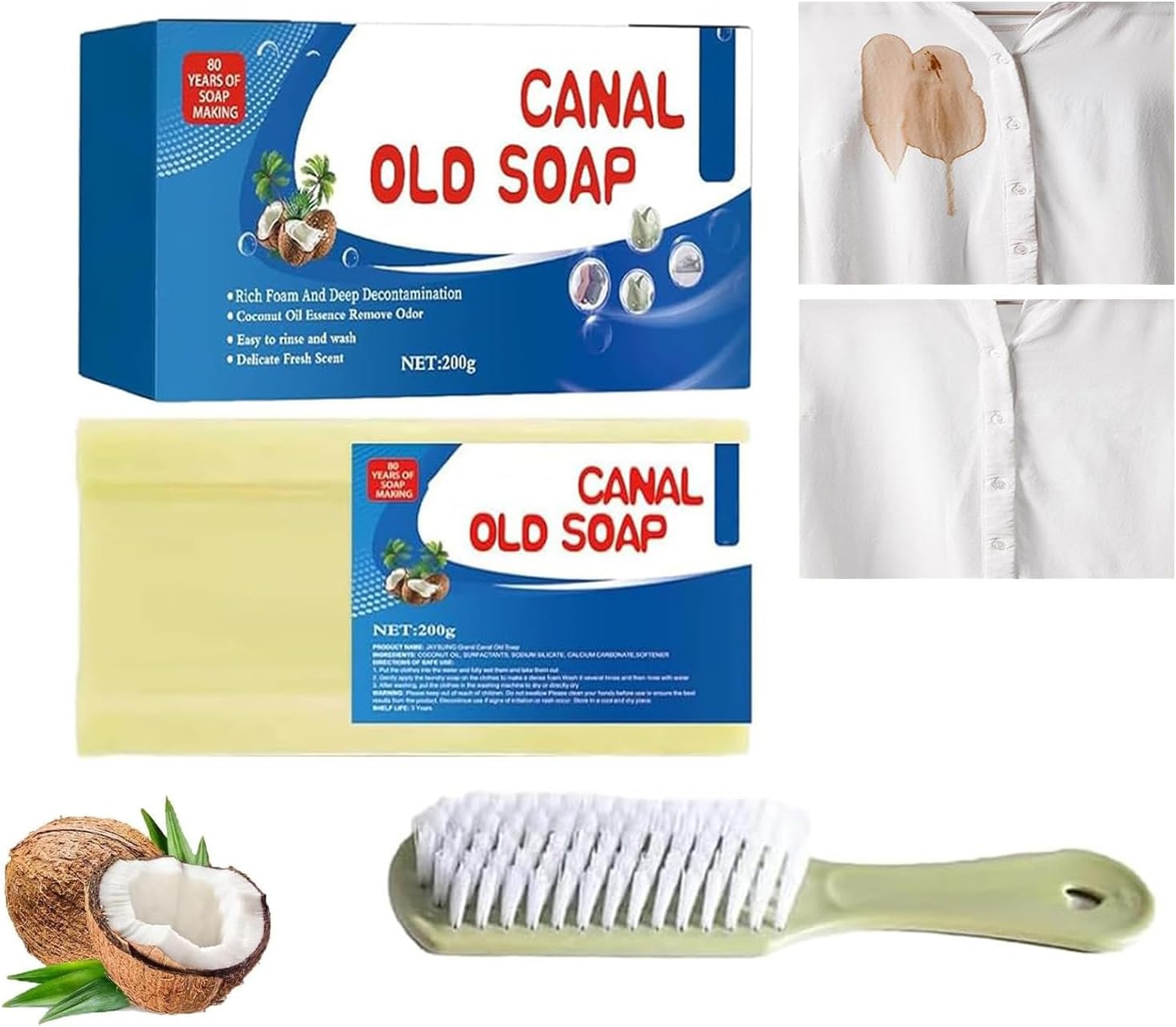 Canal Old Soap with Brush, Underwear Cleaning Soap Bar, All Purpose Stain Cleaner for Clothes, Shoes, Underwear(1PCS)