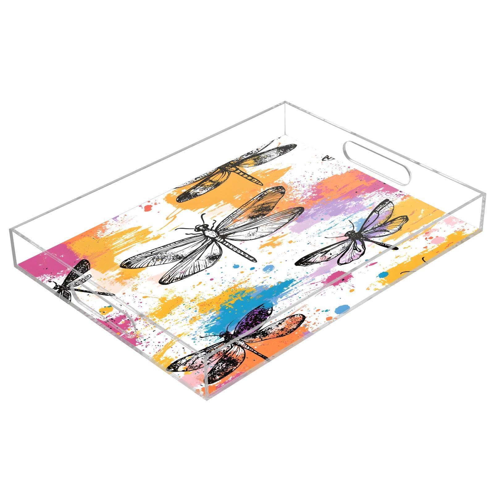 BOESI Graffiti Dragonfly Pattern Acrylic Decorative Dining Tray, Acrylic Decorative Tray Organizer with Handle for Kitchen, Dining Room, Bathroom, Dresser