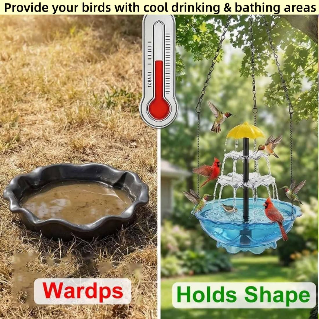 Solar Cascade Hanging Bird Bath Fountain, 1/2/ 3 Layers Hanging Bird Bath Fountain, Hummingbird Solar Powered Hanging Bird Bath Outdoor with Solar Pump/Glass Bowl (3-Layers & Fountain, C)