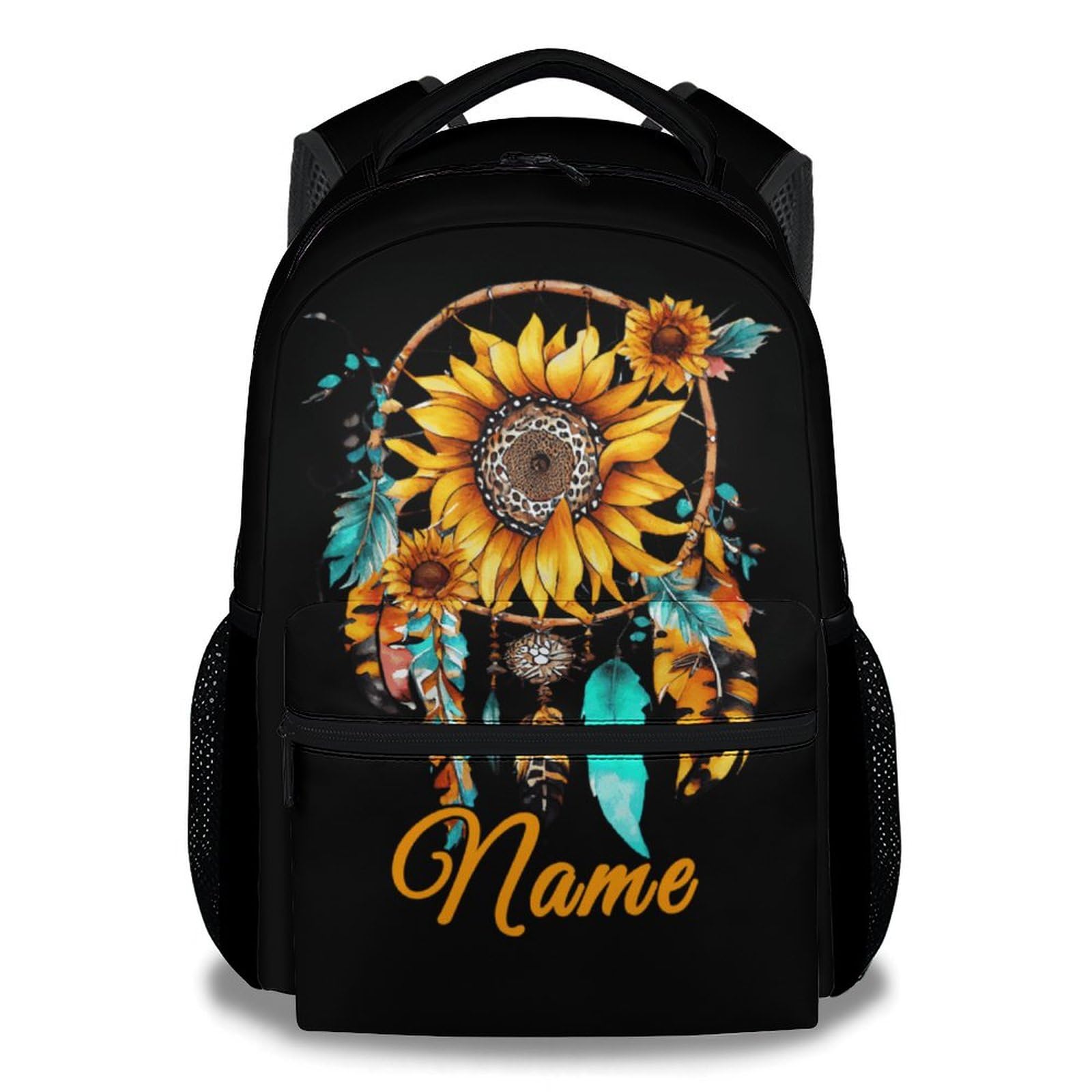 Sharecolor Personalized Girls Backpack, Sunflower Bookbag for Kids, Custom Aesthetic Daypack for Casual Travel, Bohemia Black School Supplies