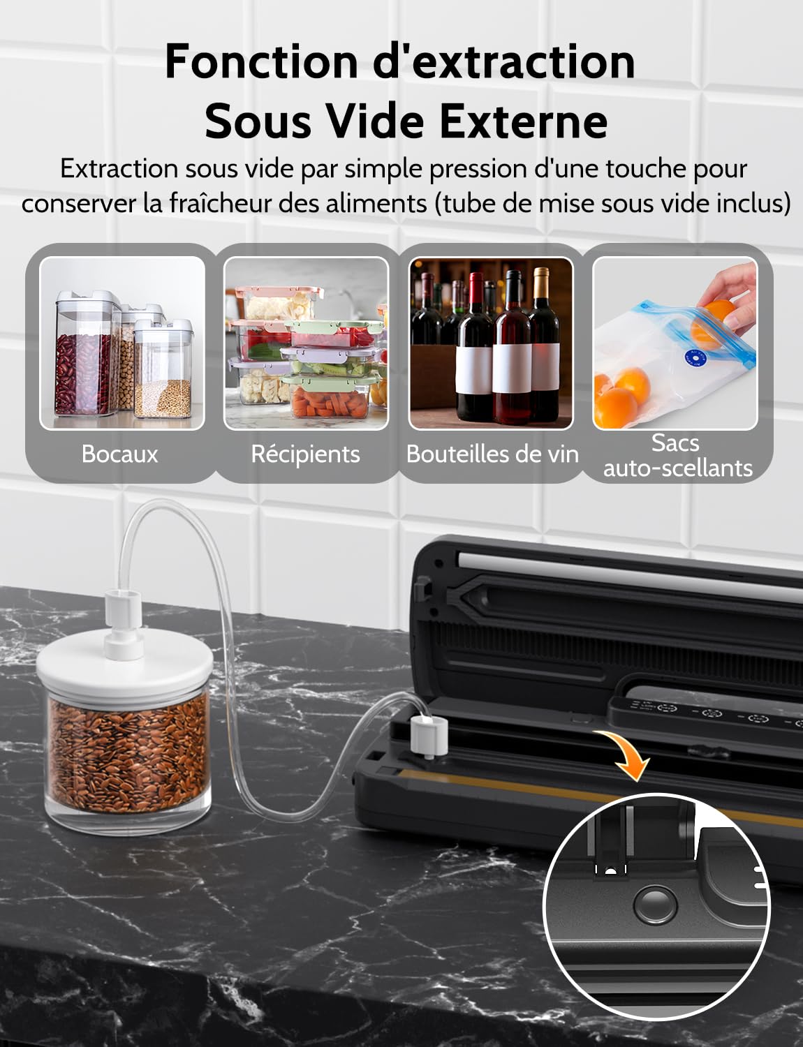 Machine Sous Vide Alimentaire 5 en 1 avec Couteau de Coupe, Machine Appareil Sous Vide Alimentaire avec Mode Sec et Humide, Inclus Sacs Sous Vide et Tuyau