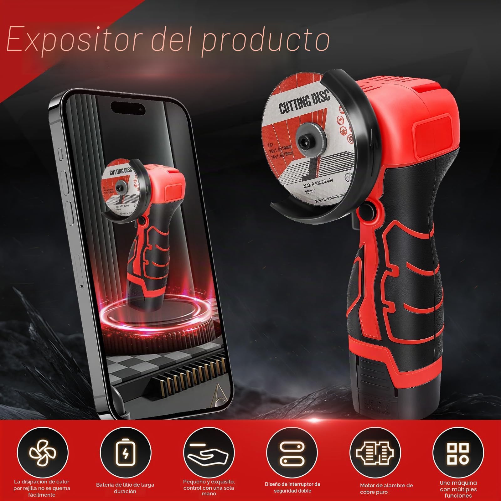 Amoladora Angular sin Cable 16.8V sin Escobillas, Ø76mm, incl. Batería 2.0Ah & Cargador Rápido, 28000RPM Amoladora Angular Profesional con Tapa de Cierre Rápido, 4 Discos para Cortar, Desbastar