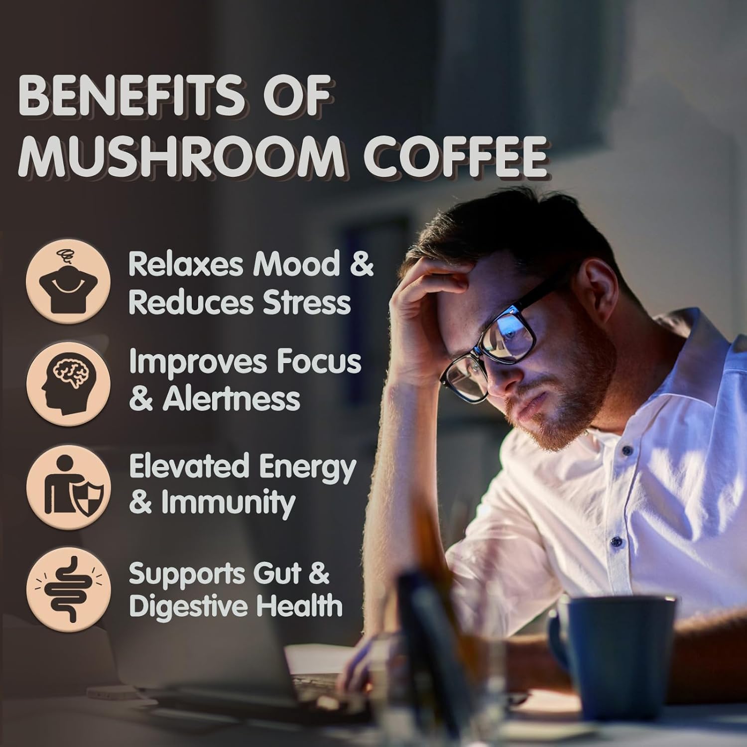Mushroom Coffee, 6 Adaptogenic Mushrooms (Lion's Mane, Cordyceps, Turkey Tail & Other) Mixed with Premium Instant Coffee for Focus, Energy, Immune and Gut Health Support, 60 Servings - Image 3