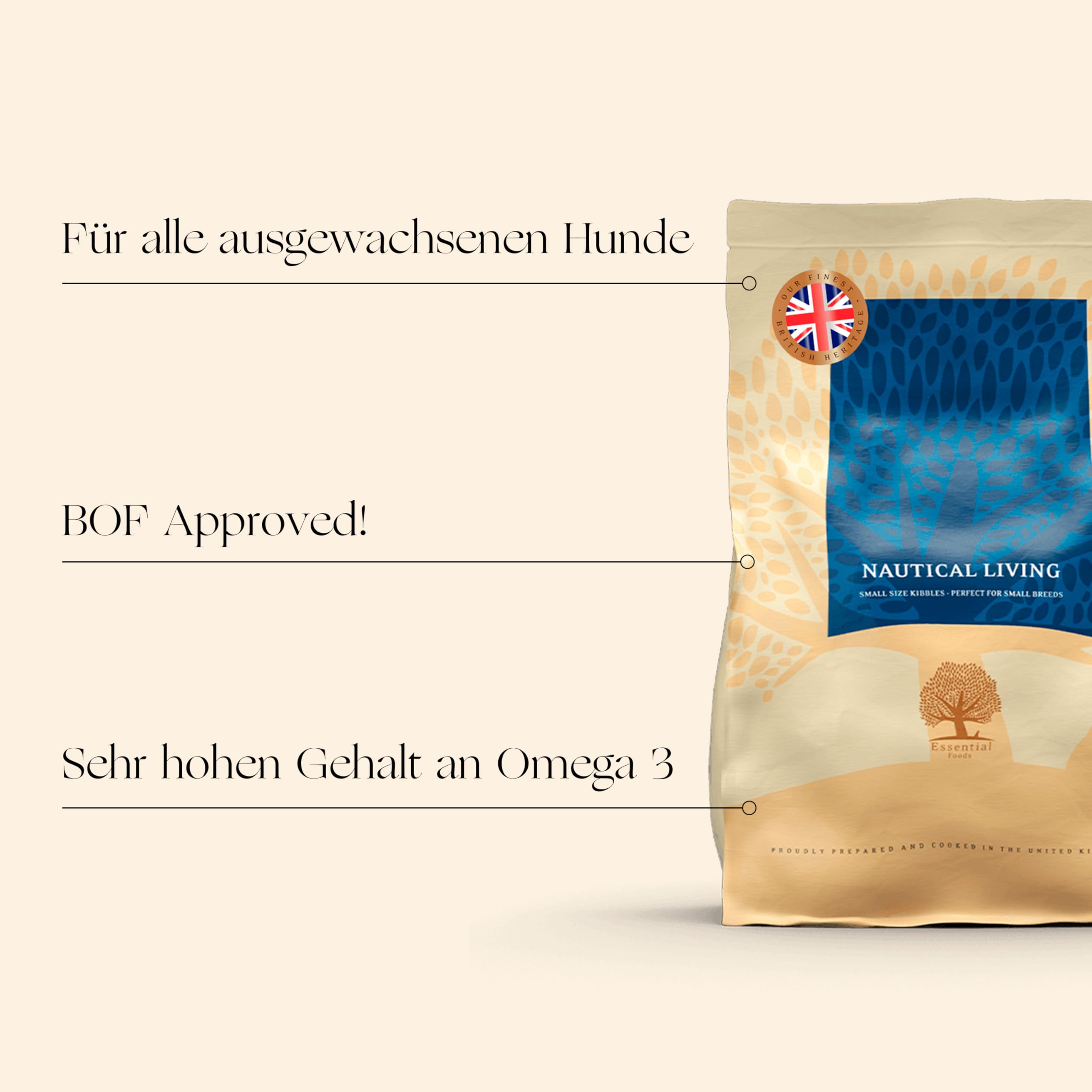 Essential Nautical Living 3X 2,5 kg | Lachs, Forelle & Kabeljau | Getreidefrei Hundefutter für kleine Hunde | hoher Fischanteil mit natürlichem Gehalt an Omega-3-Fettsäuren | nach dem BOF-Prinzip