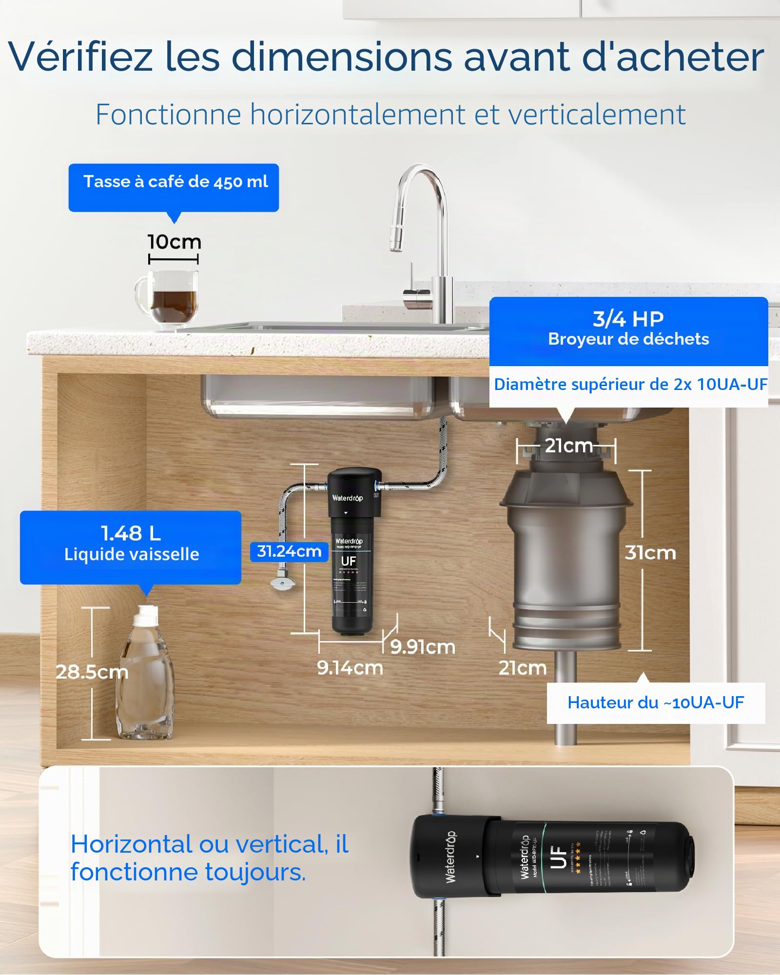 Waterdrop 10UA-UF Filtre à Eau 0.01 μm Sous Évier, Élimine le Plomb, le Chlore, les Odeurs et les Impuretés, Capacité du Filtre 41600 Litres, Connexion Directe au Robinet de Cuisine