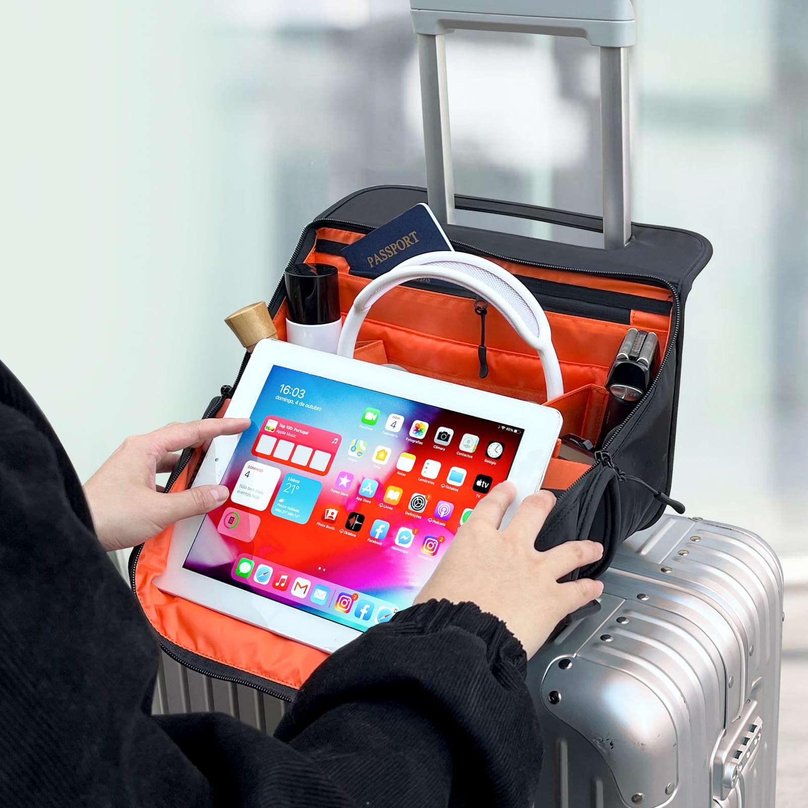 CONTAIL 33 cm 3 l organizer podróżny 4 w 1, torebka dla małych firm, uchwyt na napoje, uchwyt na tablet na telefon, przechowywanie akcesoriów na lotnisku