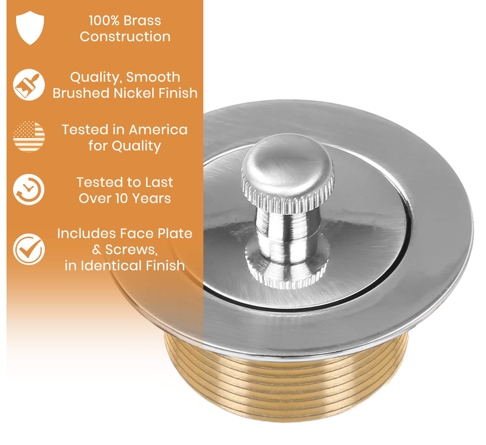 100% Brass Lift and Turn Bathtub Drain Set w/Overflow Plate - Drain Conversion Kit - Fits All Bathtub Sizes - Universal Fine/Coarse Thread - Designed & Tested in America (Brushed Nickel)