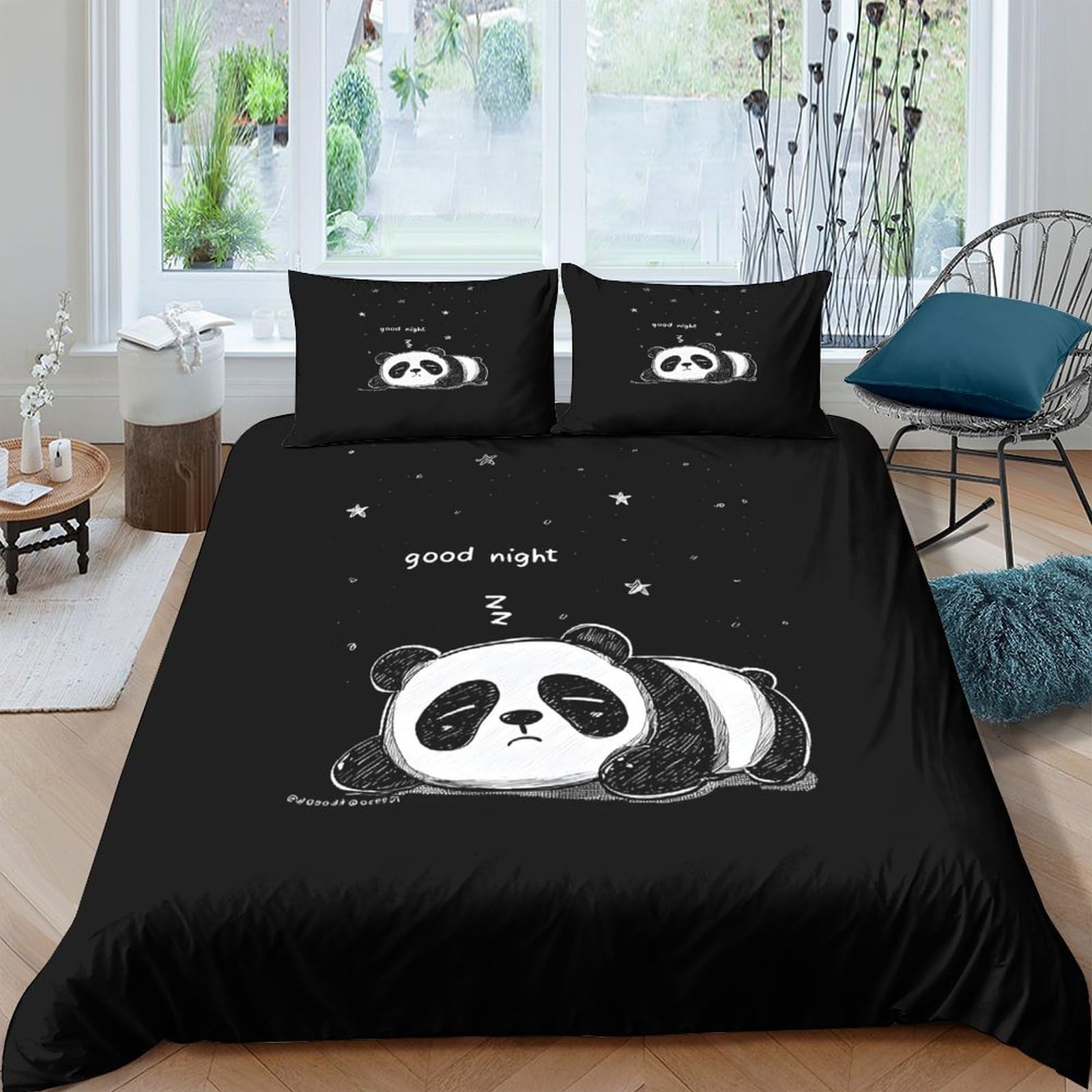 Ctjqhvkz Style-2 3D Printed Panda Cartoon Fitted Sheet Microfiber Soft Black Bed Cover Anti-Slip Washable For Bedroom Guestroom Mattress Protection Single（135X200cm）