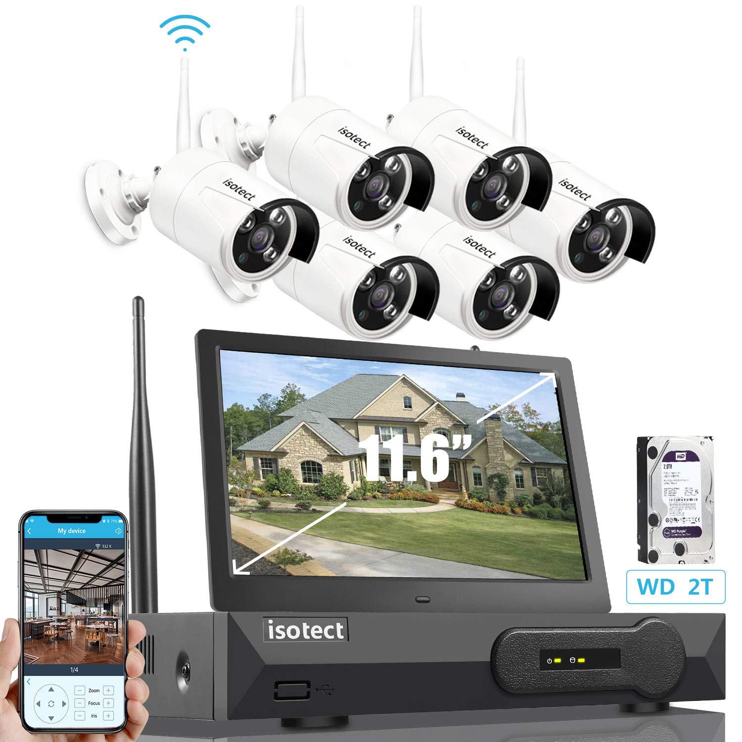 [Newest Strong Version]ISOTECT All in One with 11.6-inch Monitor Home Video Surveillance System, Wireless Security Camera ...