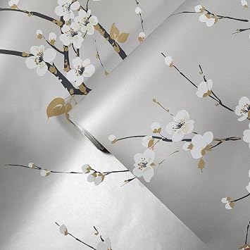 Wallpaper Monterey Silver Metallic Mist Floral Gray Trees Branches White Flowers
