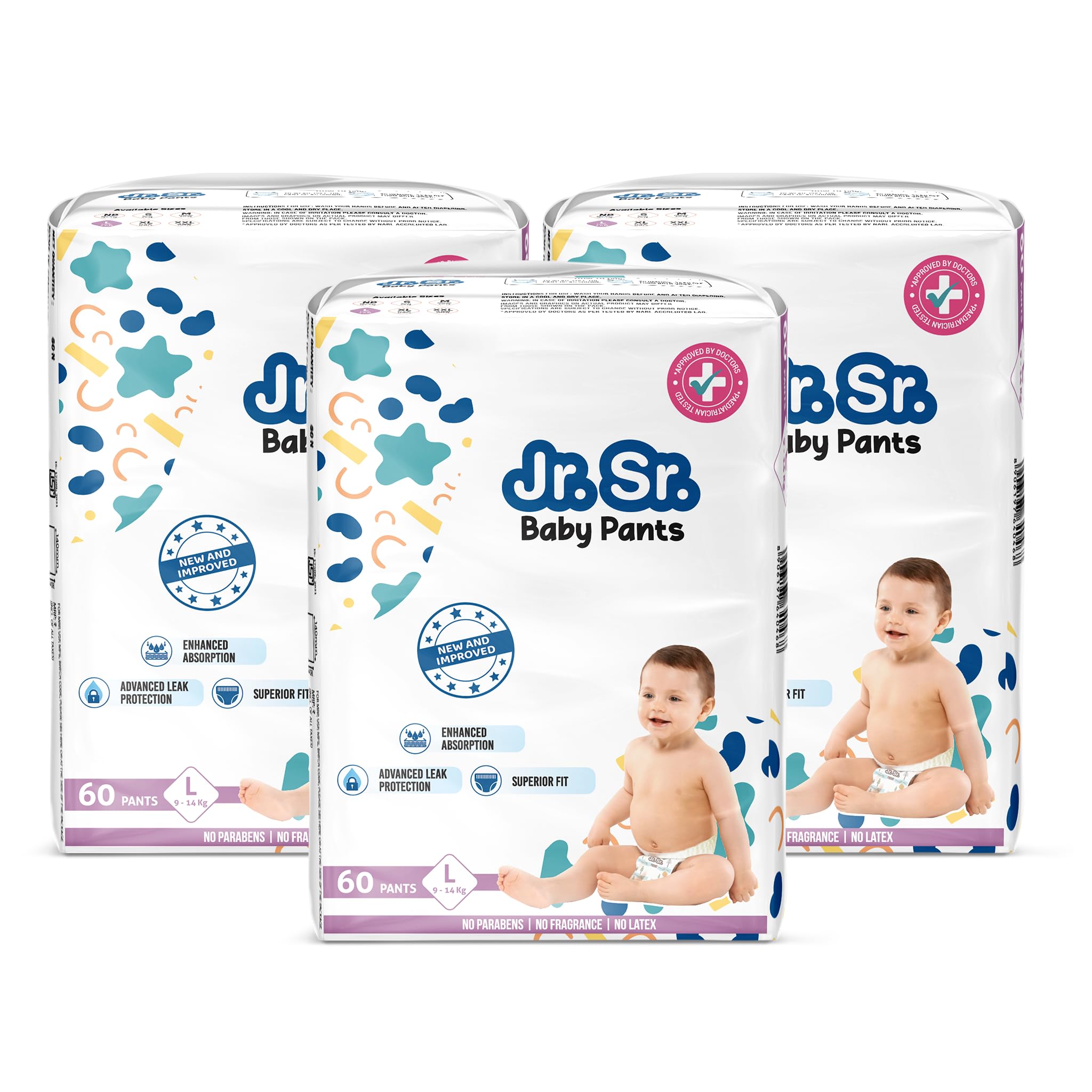 Jr. Sr. Baby Diaper Pants | Large (L) Size (9-14 kg), 180 Count | Pack of 3 | Upto 12 hr Absorption with Advanced Leak Protection | Safe For Babies Skin | Soft, Secure & Comfy